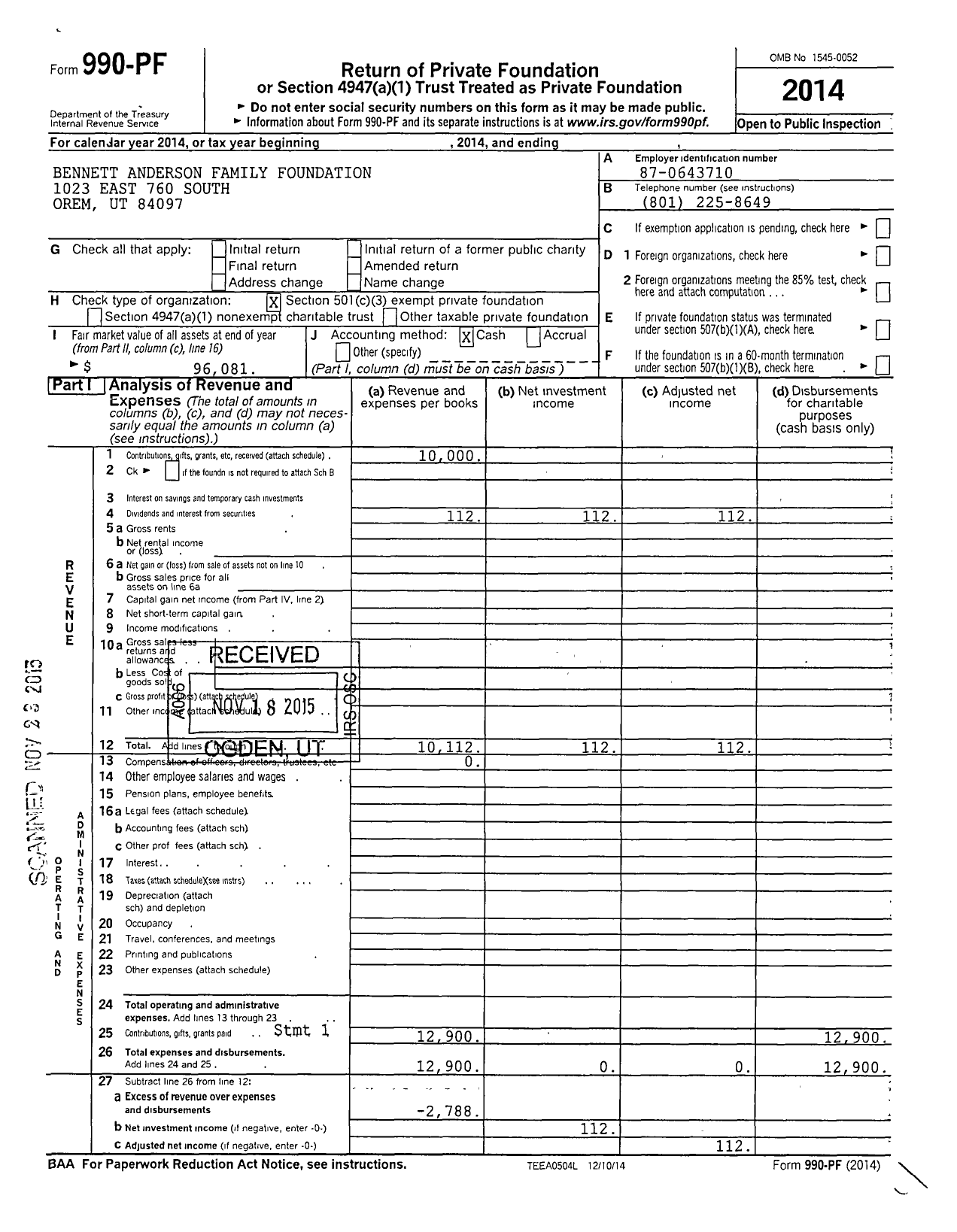 Image of first page of 2014 Form 990PF for Bennett Anderson Family Foundation