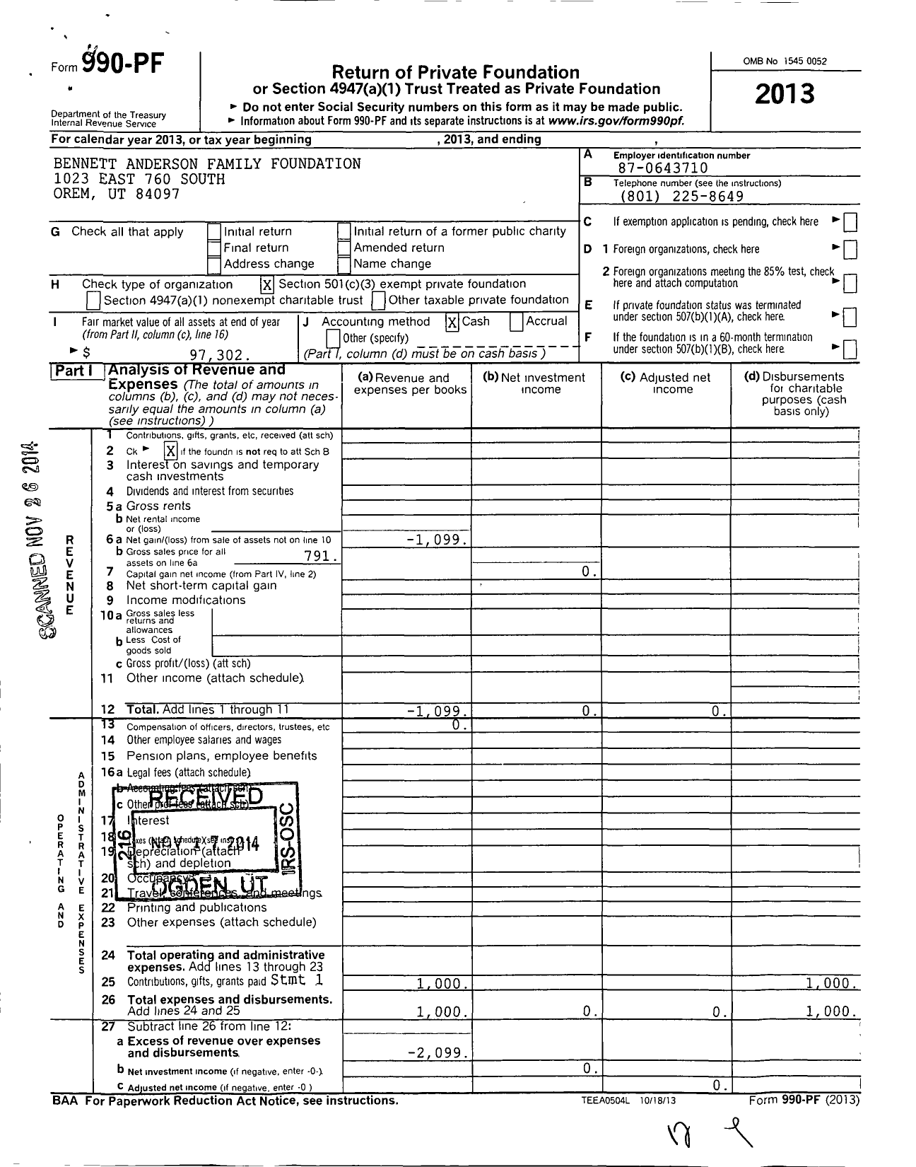 Image of first page of 2013 Form 990PF for Bennett Anderson Family Foundation