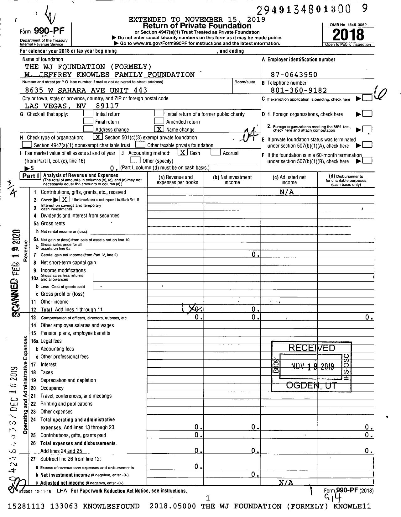 Image of first page of 2018 Form 990PF for The WJ Foundation