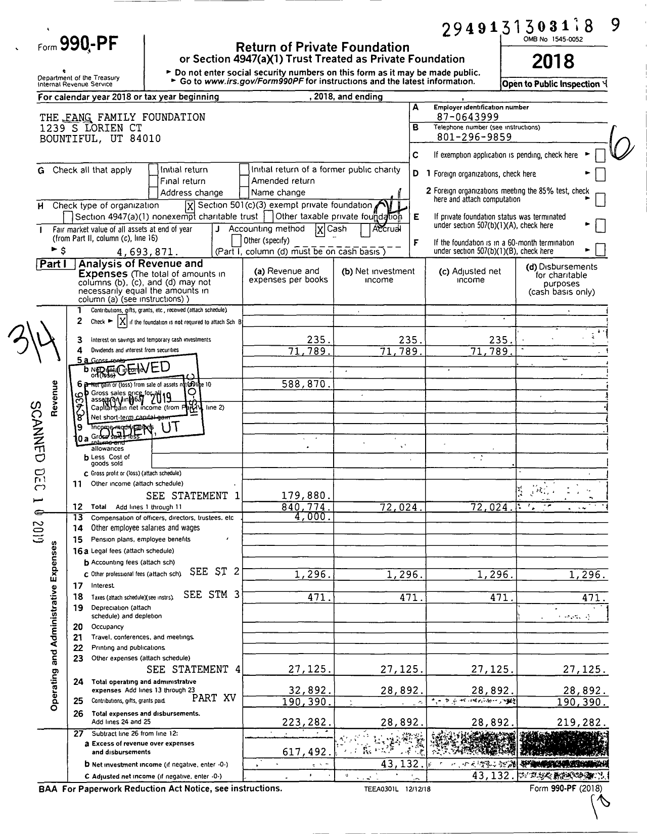 Image of first page of 2018 Form 990PF for Fang Family Foundation