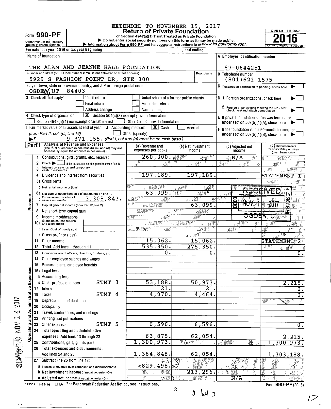 Image of first page of 2016 Form 990PF for The Alan and Jeanne Hall Foundation