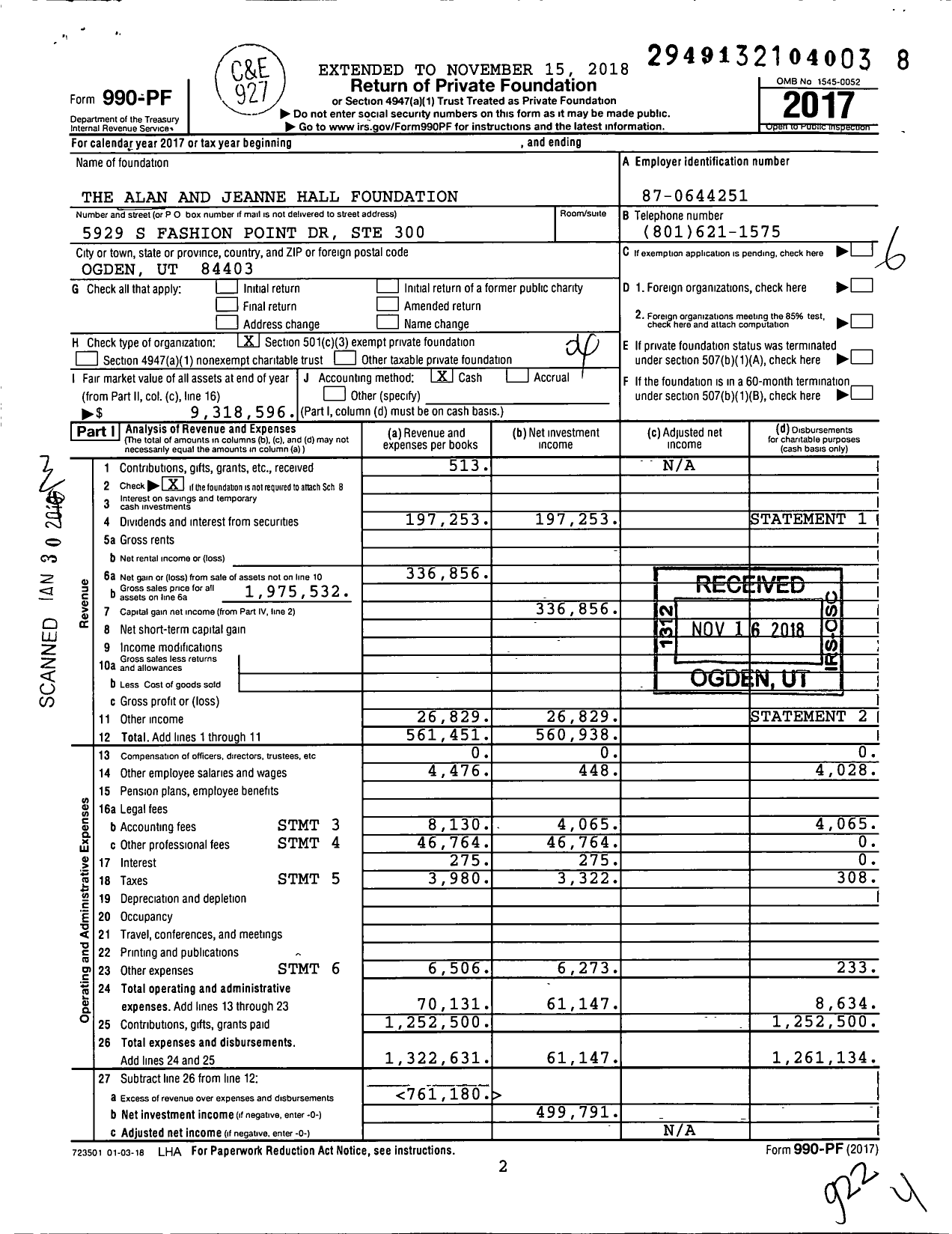 Image of first page of 2017 Form 990PF for The Alan and Jeanne Hall Foundation