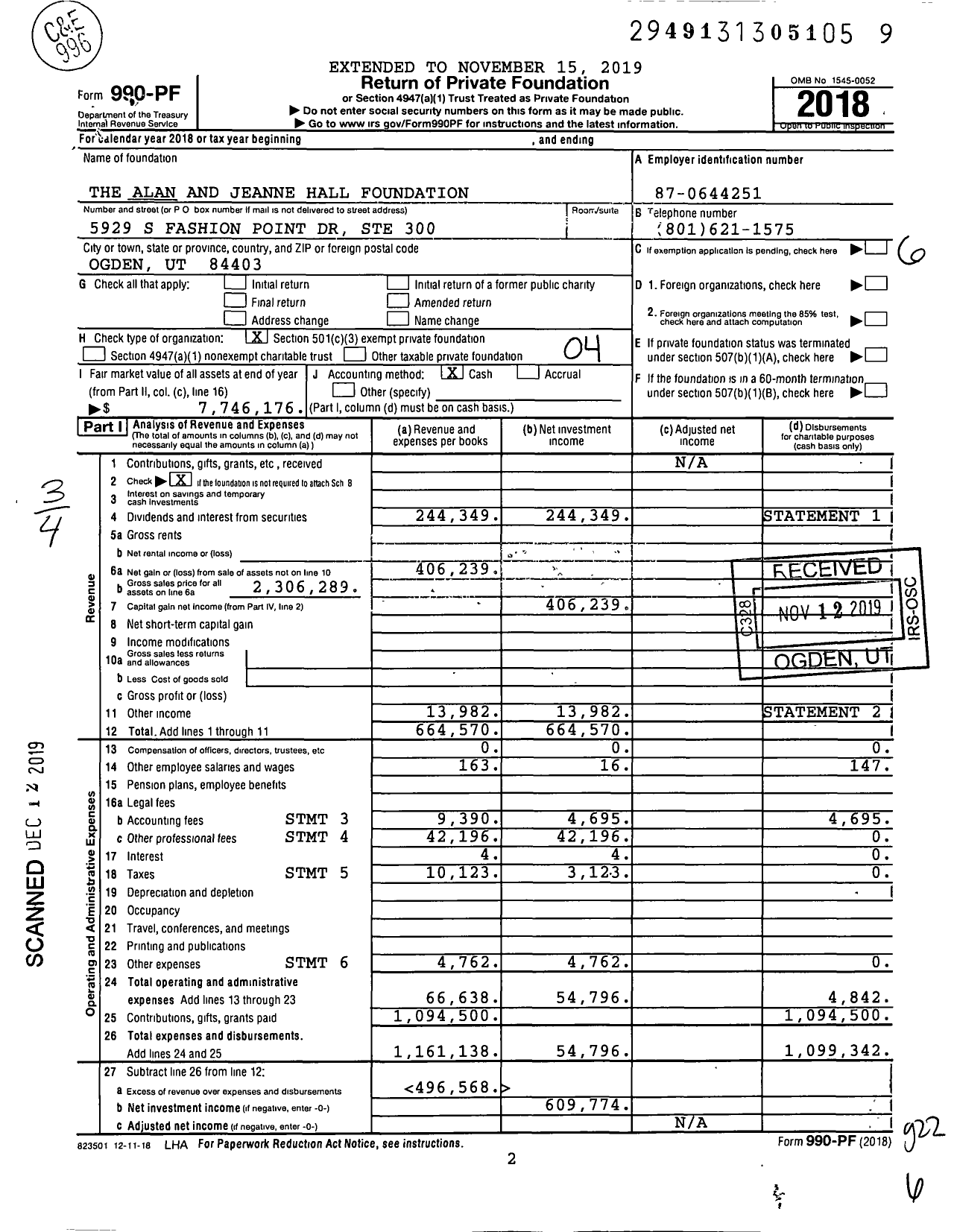 Image of first page of 2018 Form 990PF for The Alan and Jeanne Hall Foundation