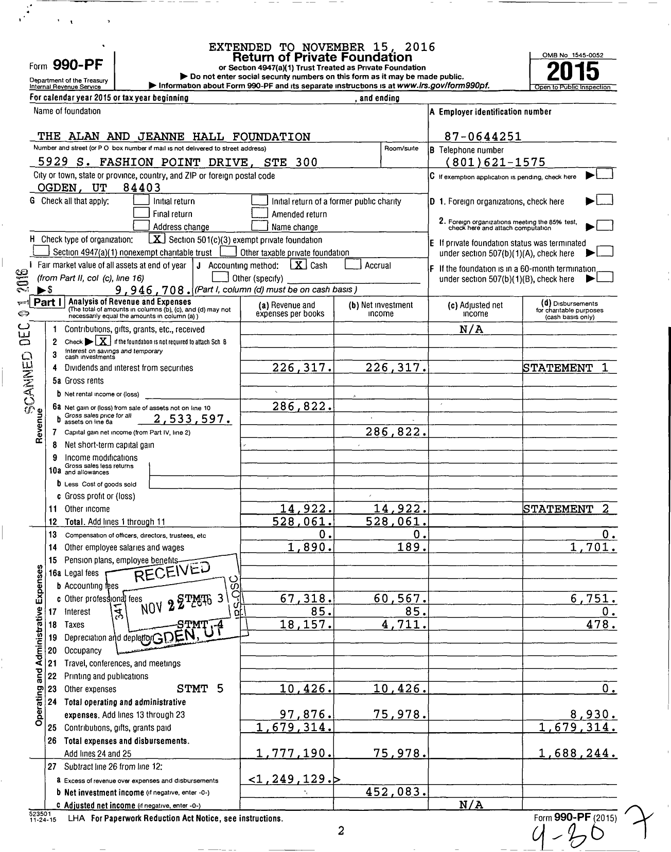 Image of first page of 2015 Form 990PF for The Alan and Jeanne Hall Foundation