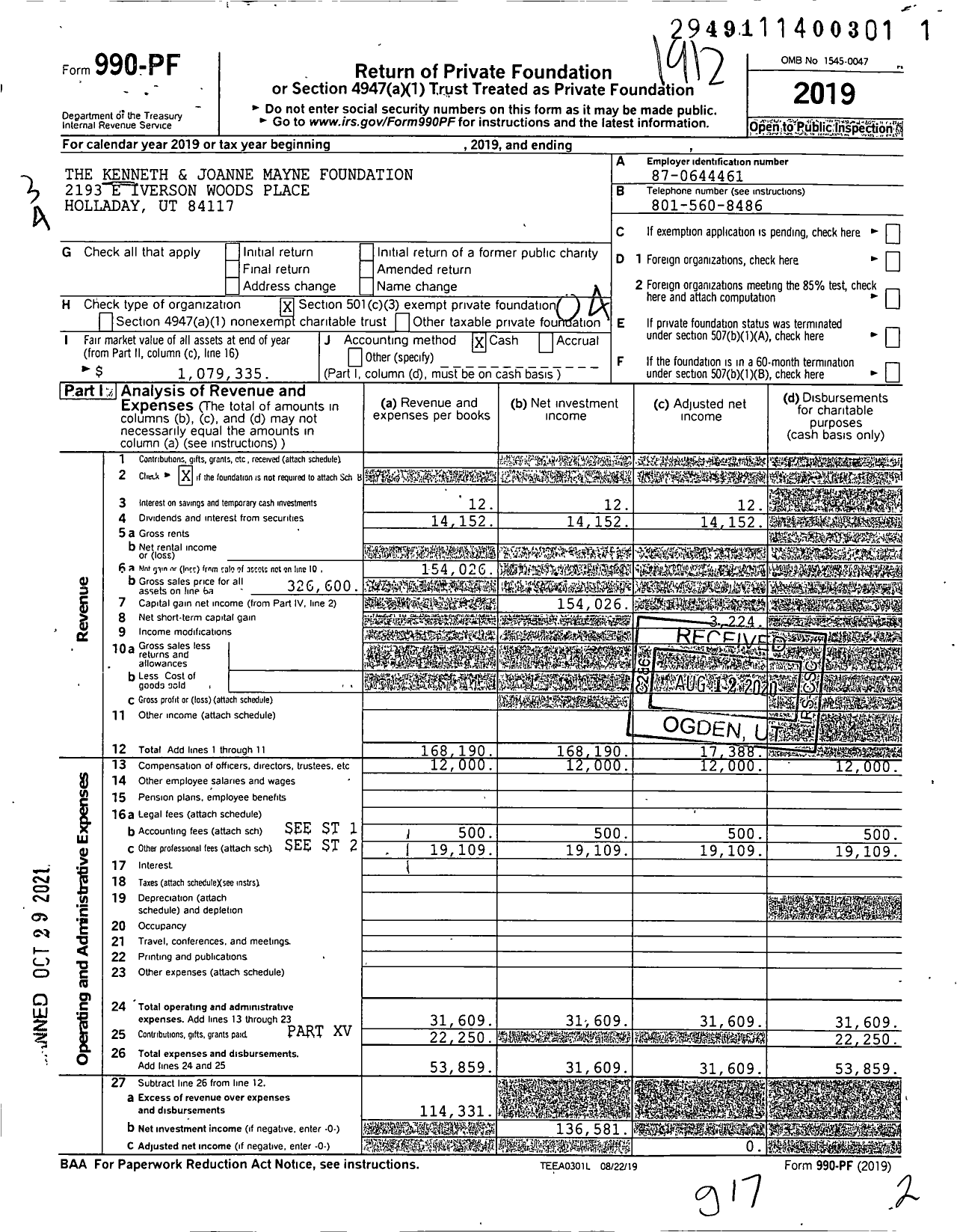 Image of first page of 2019 Form 990PF for Kenneth & Joanne Mayne Foundation