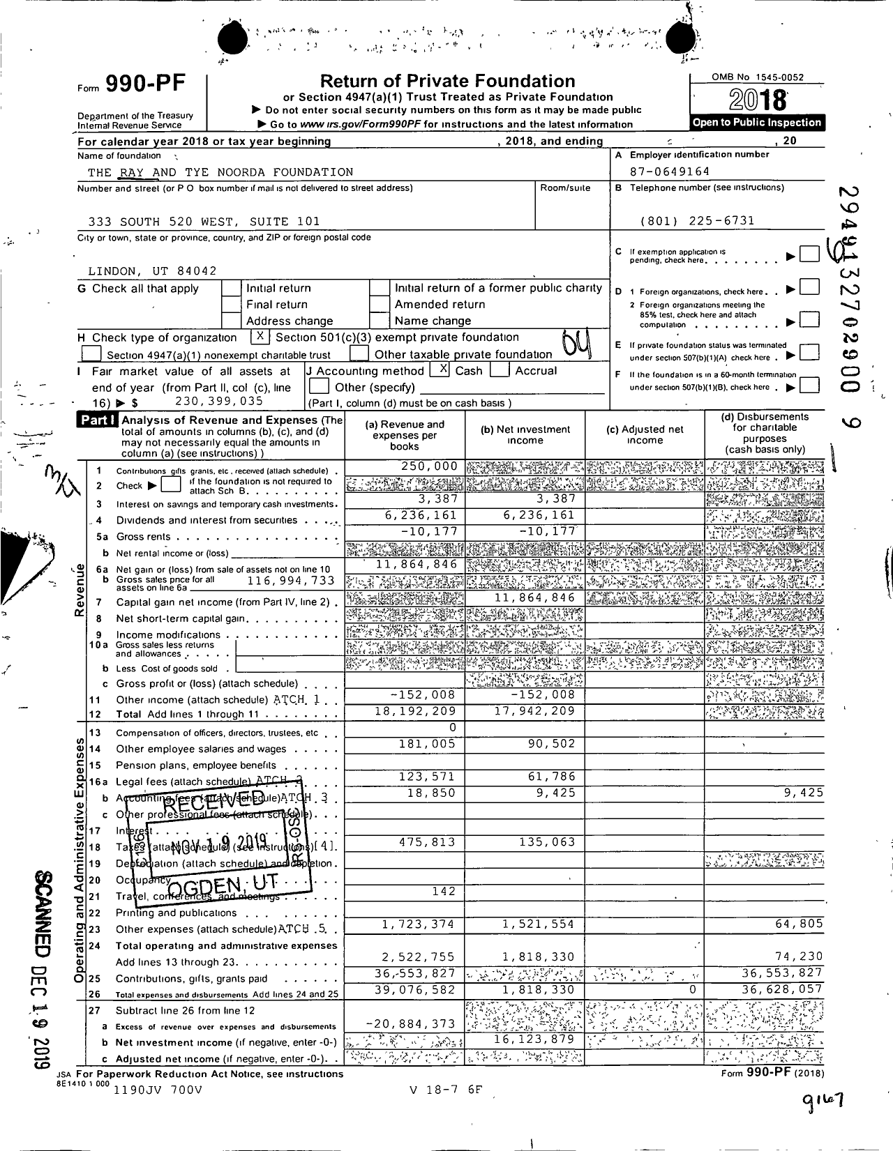 Image of first page of 2018 Form 990PF for The Ray and Tye Noorda Foundation