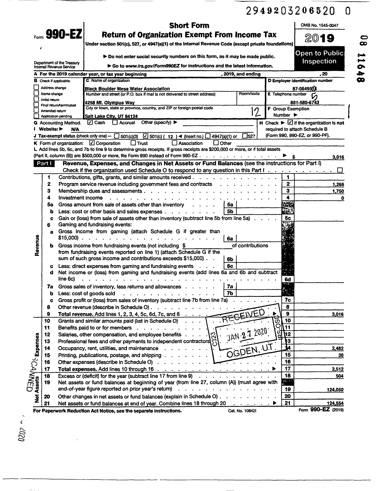 Image of first page of 2019 Form 990EO for Black Boulder Mesa Water Association