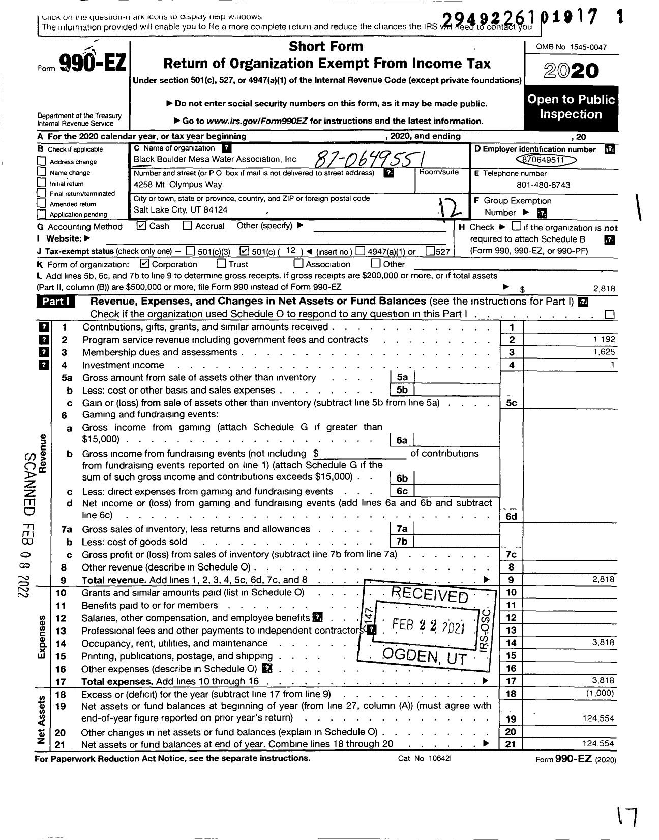 Image of first page of 2020 Form 990EO for Black Boulder Mesa Water Association