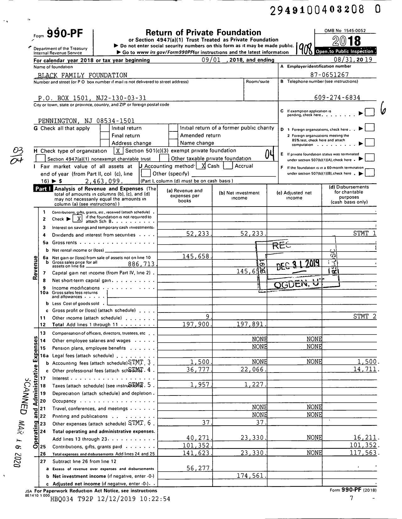 Image of first page of 2018 Form 990PR for Black Family Foundation