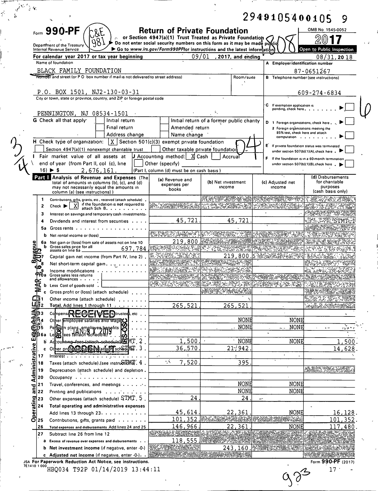 Image of first page of 2017 Form 990PF for Black Family Foundation