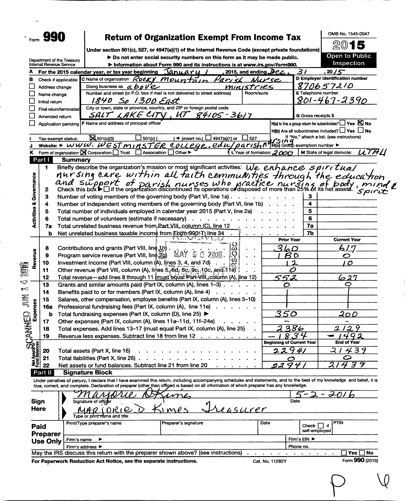 Image of first page of 2015 Form 990 for Rocky Mountain Parish Nurse Ministries