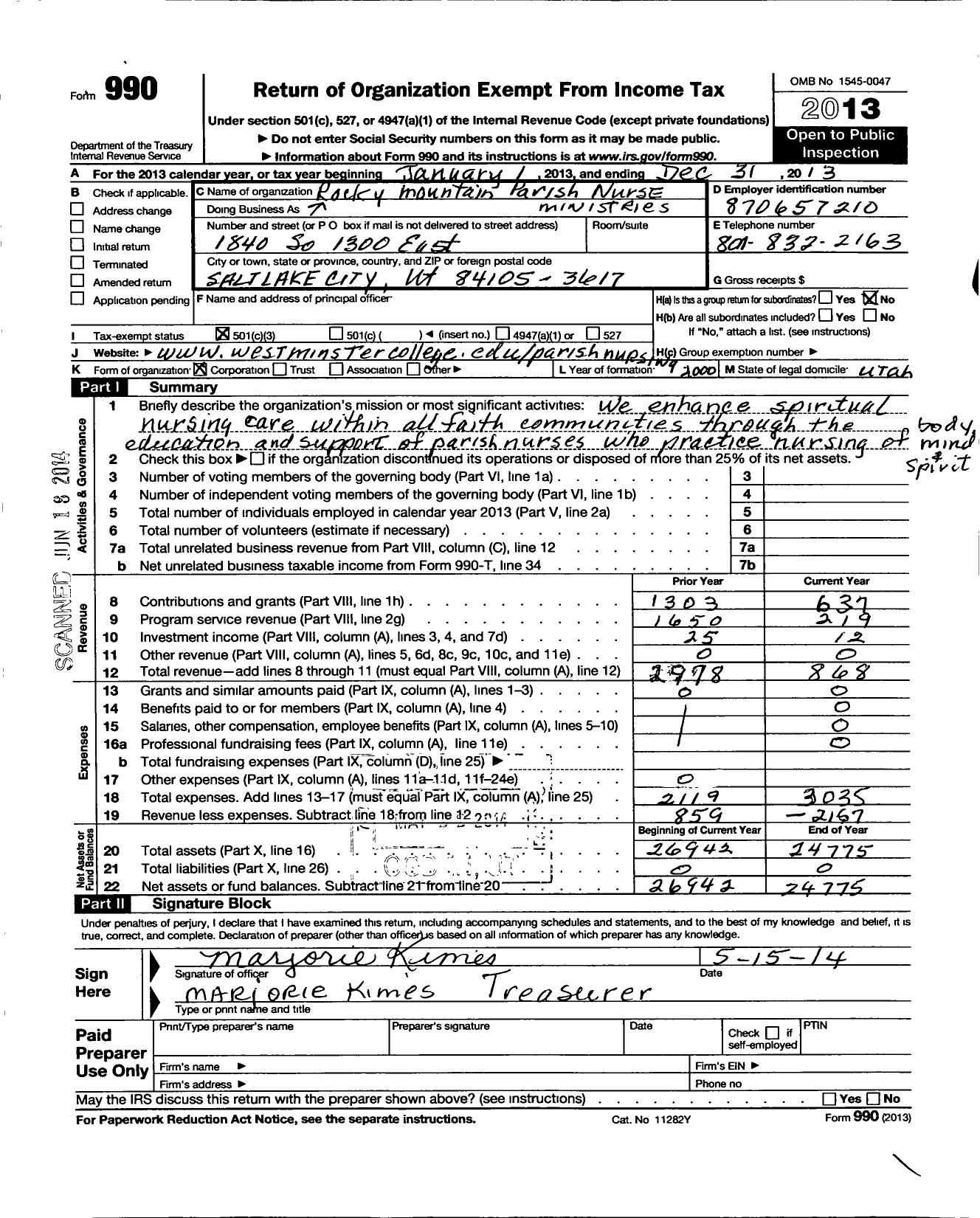 Image of first page of 2013 Form 990 for Rocky Mountain Parish Nurse Ministries