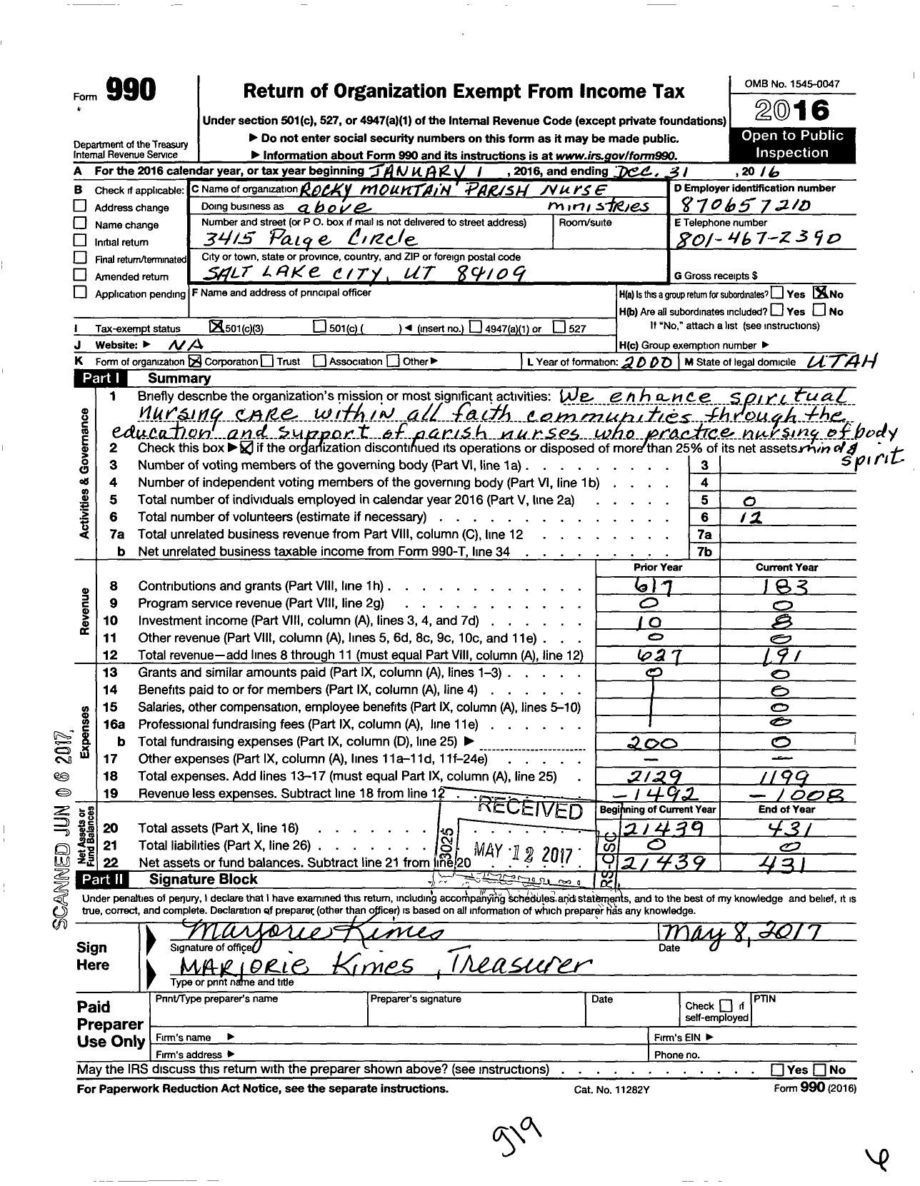 Image of first page of 2016 Form 990 for Rocky Mountain Parish Nurse Ministries