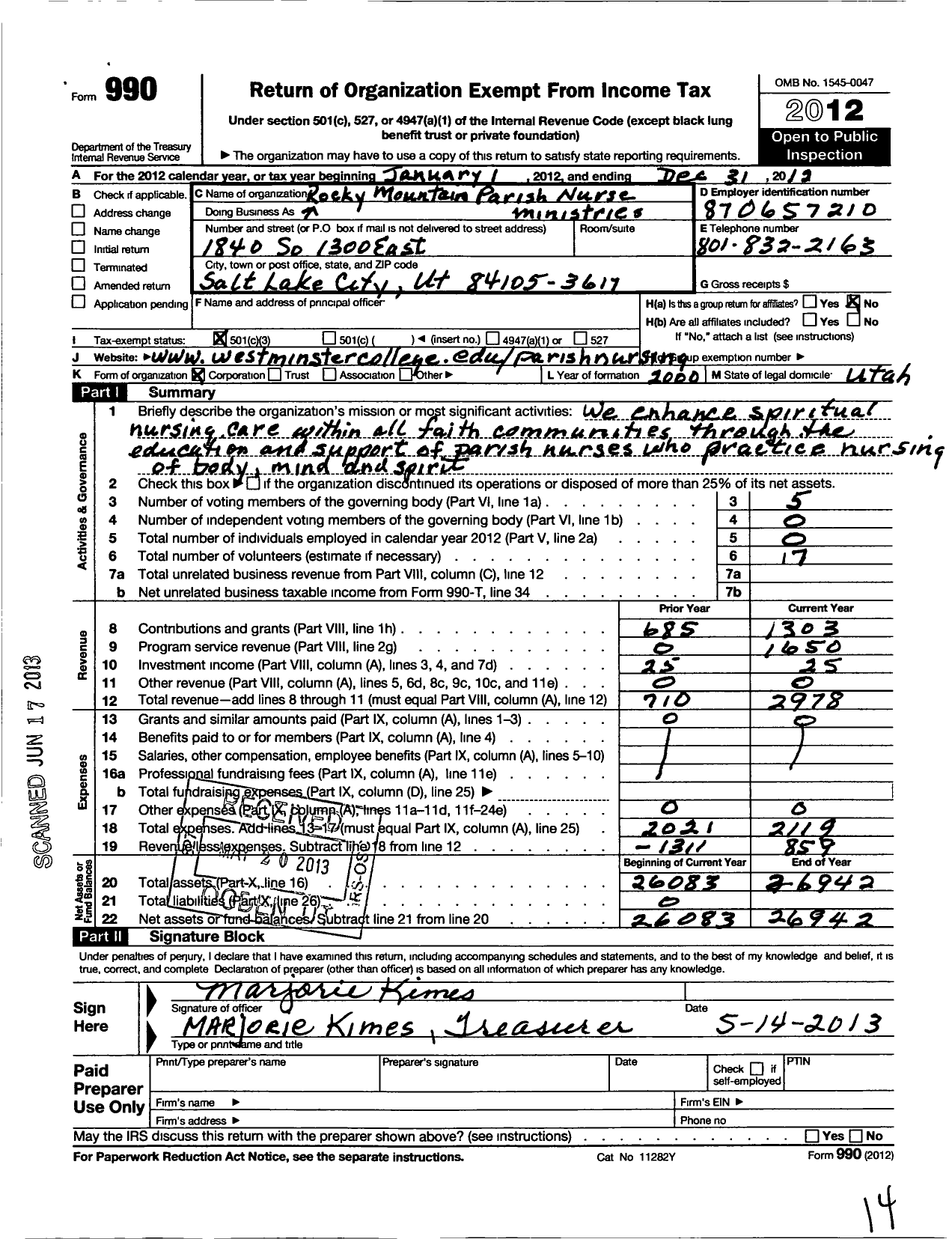 Image of first page of 2012 Form 990 for Rocky Mountain Parish Nurse Ministries