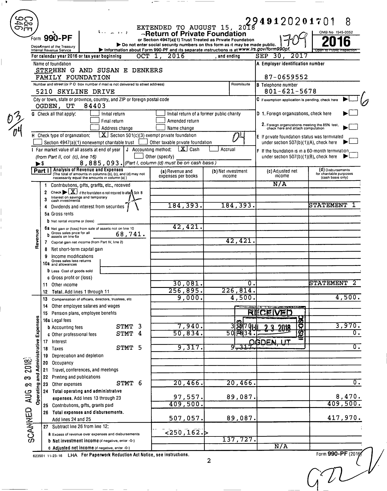 Image of first page of 2016 Form 990PF for Stephen G and Susan E Denkers Family Foundation