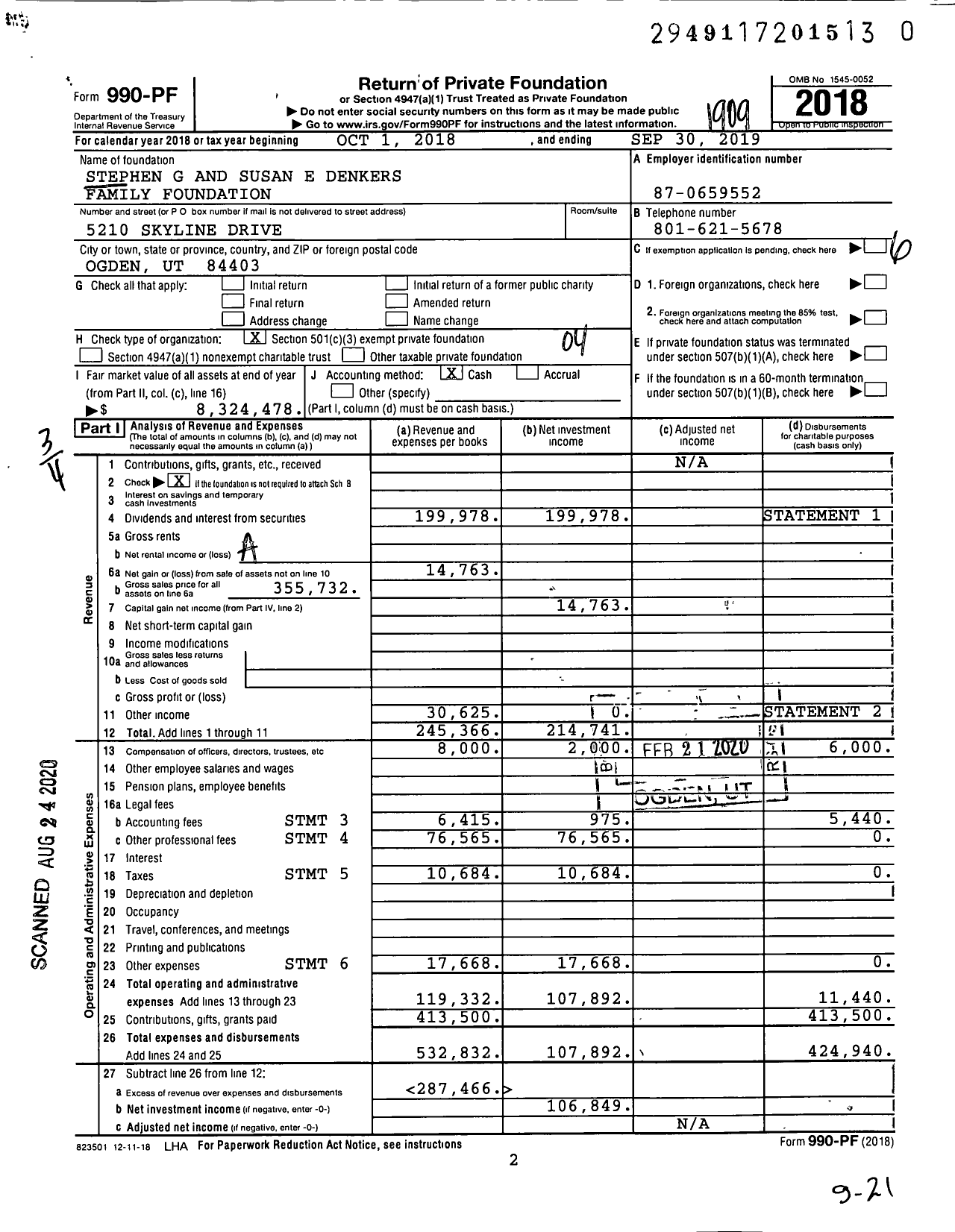 Image of first page of 2018 Form 990PR for Stephen G and Susan E Denkers Family Foundation