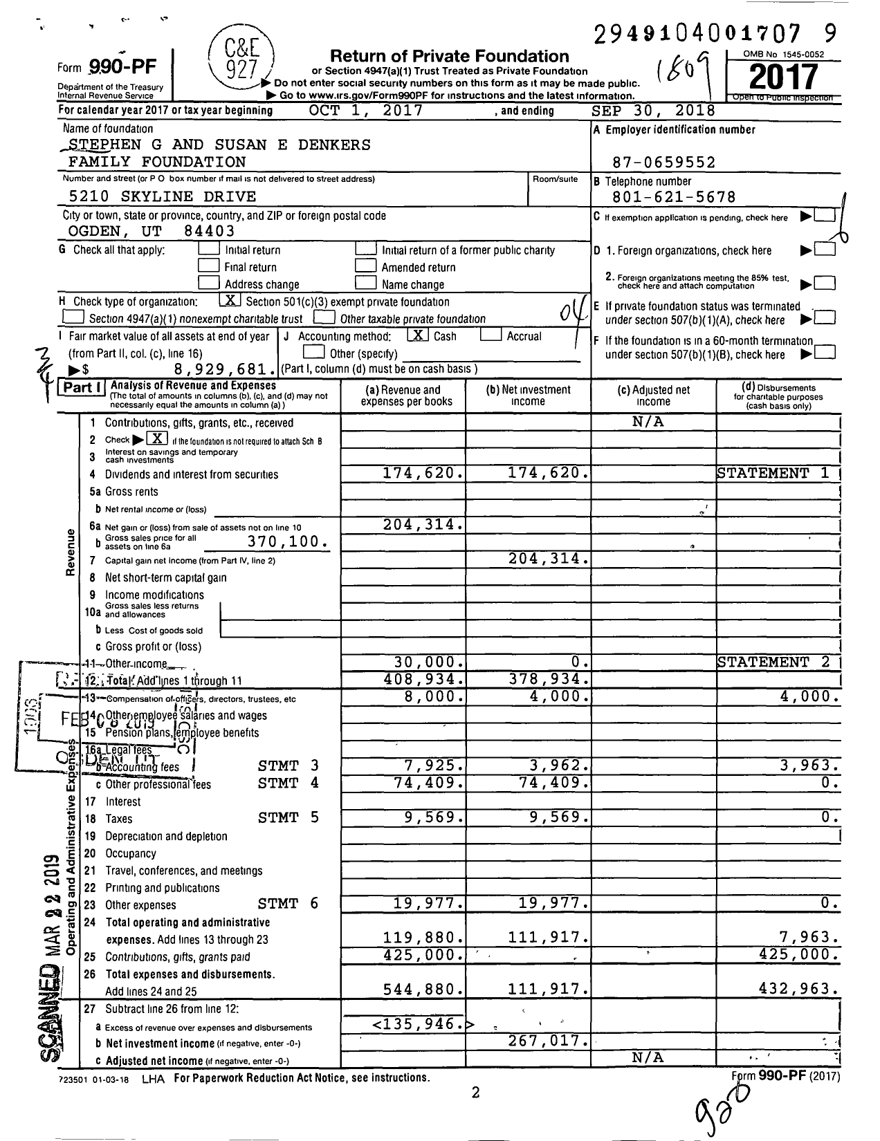 Image of first page of 2017 Form 990PF for Stephen G and Susan E Denkers Family Foundation