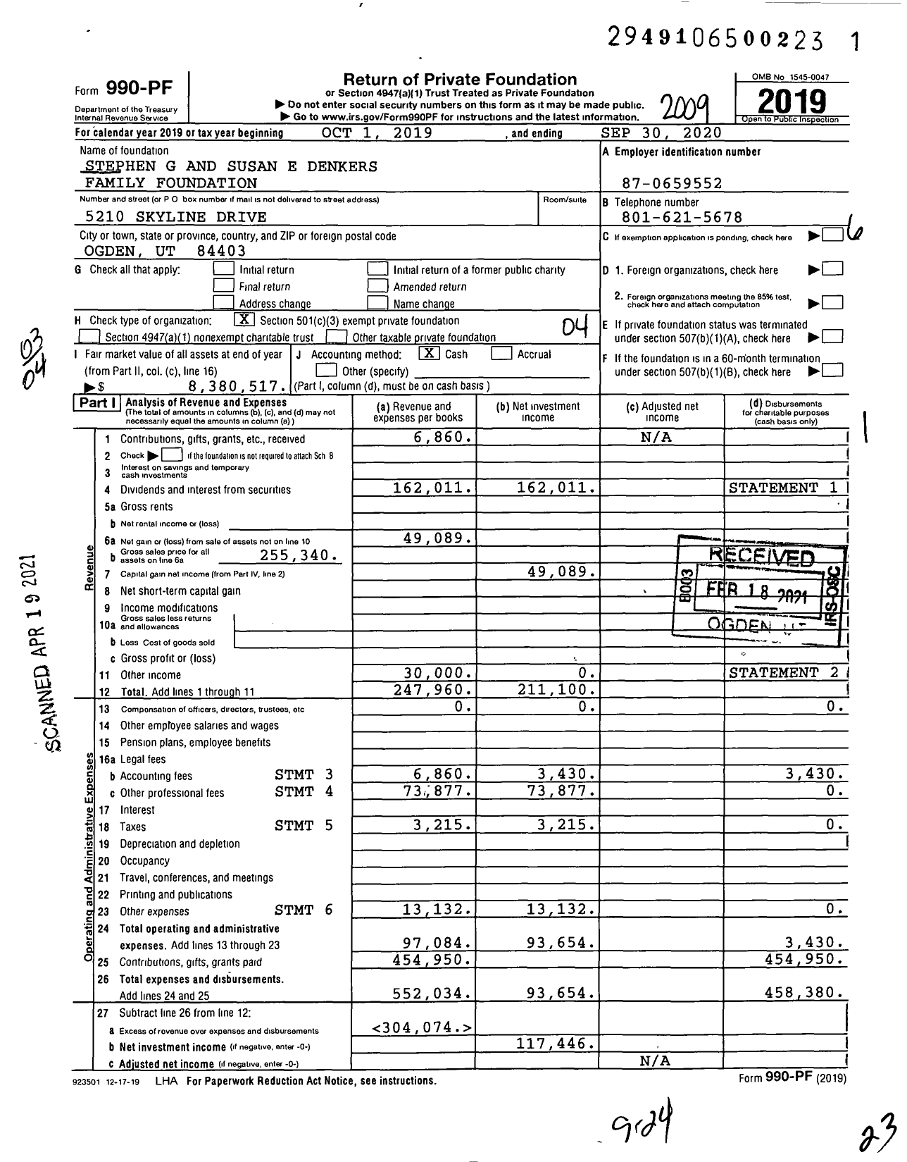 Image of first page of 2019 Form 990PF for Stephen G and Susan E Denkers Family Foundation