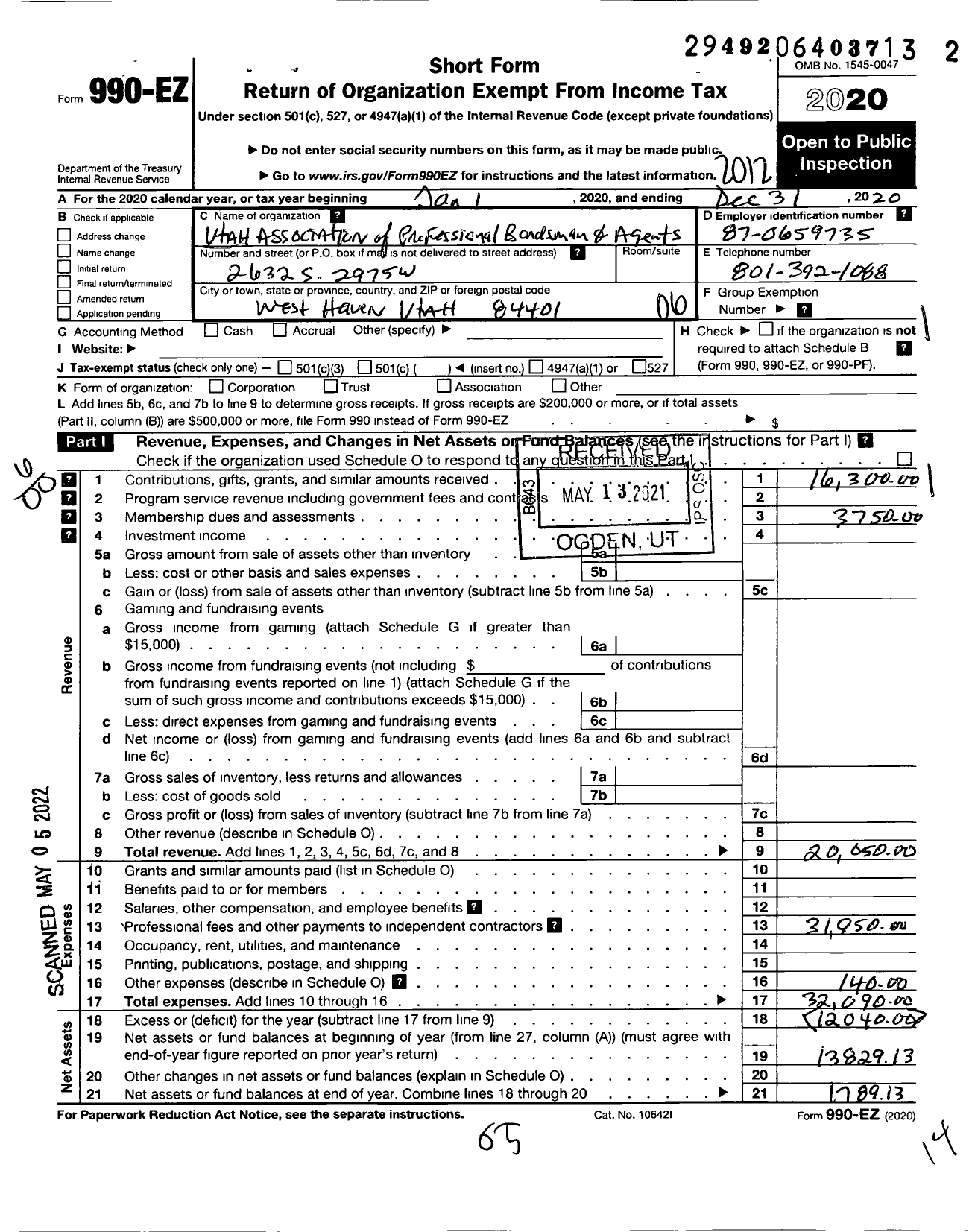 Image of first page of 2020 Form 990EO for Utah Association of Professional Bondsman and Agents