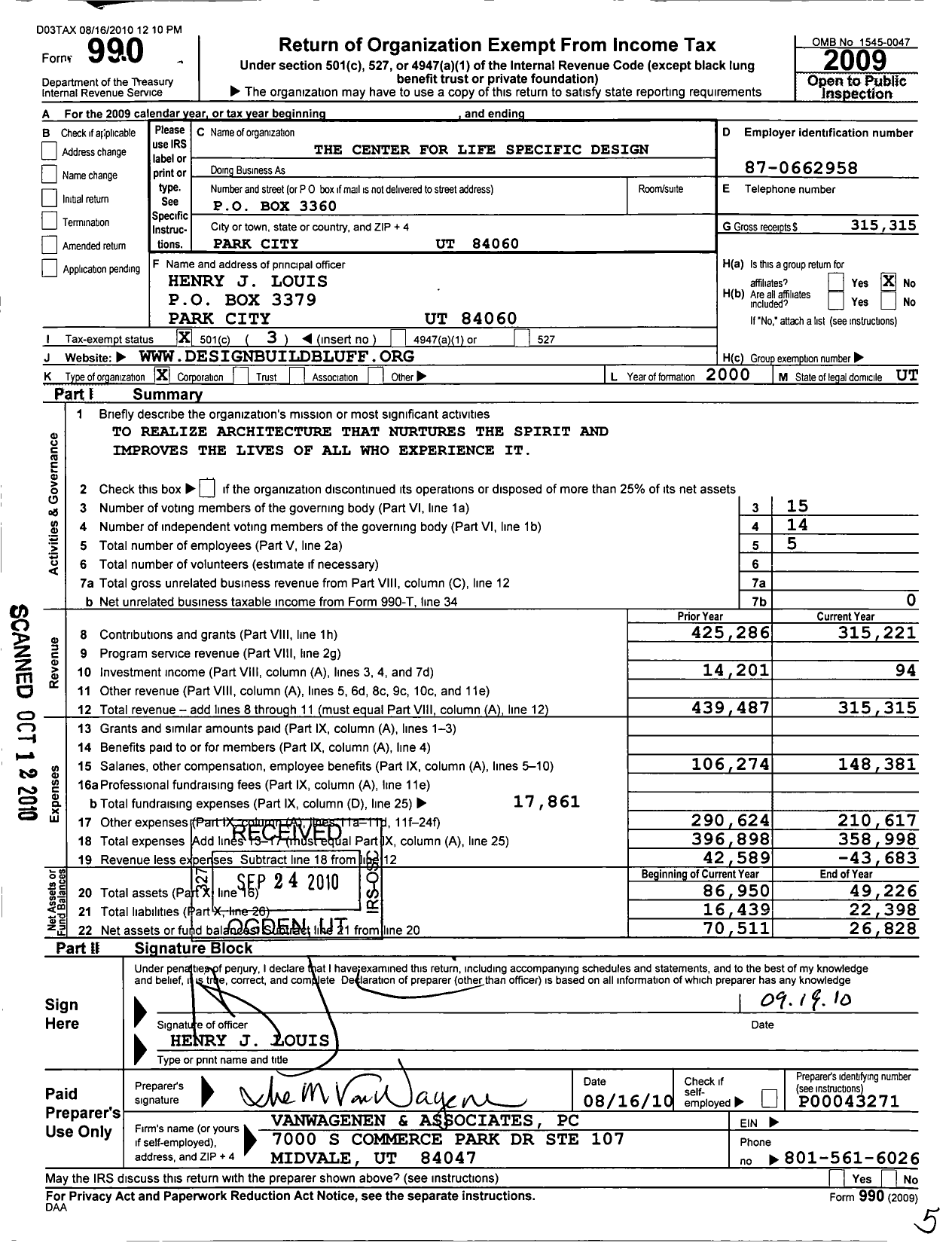 Image of first page of 2009 Form 990 for Center for Life Specific Design