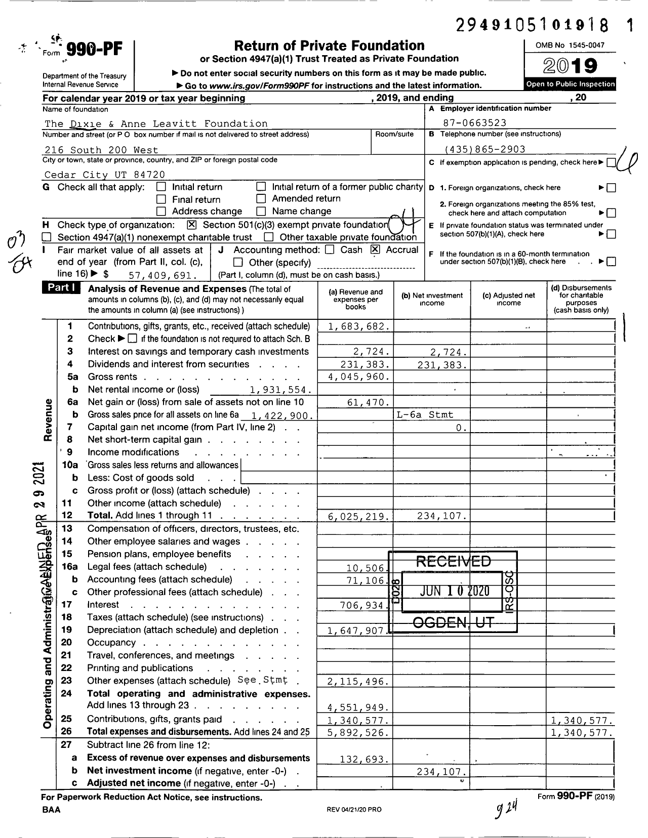 Image of first page of 2019 Form 990PF for The Dixie & Anne Leavitt Family Foundation