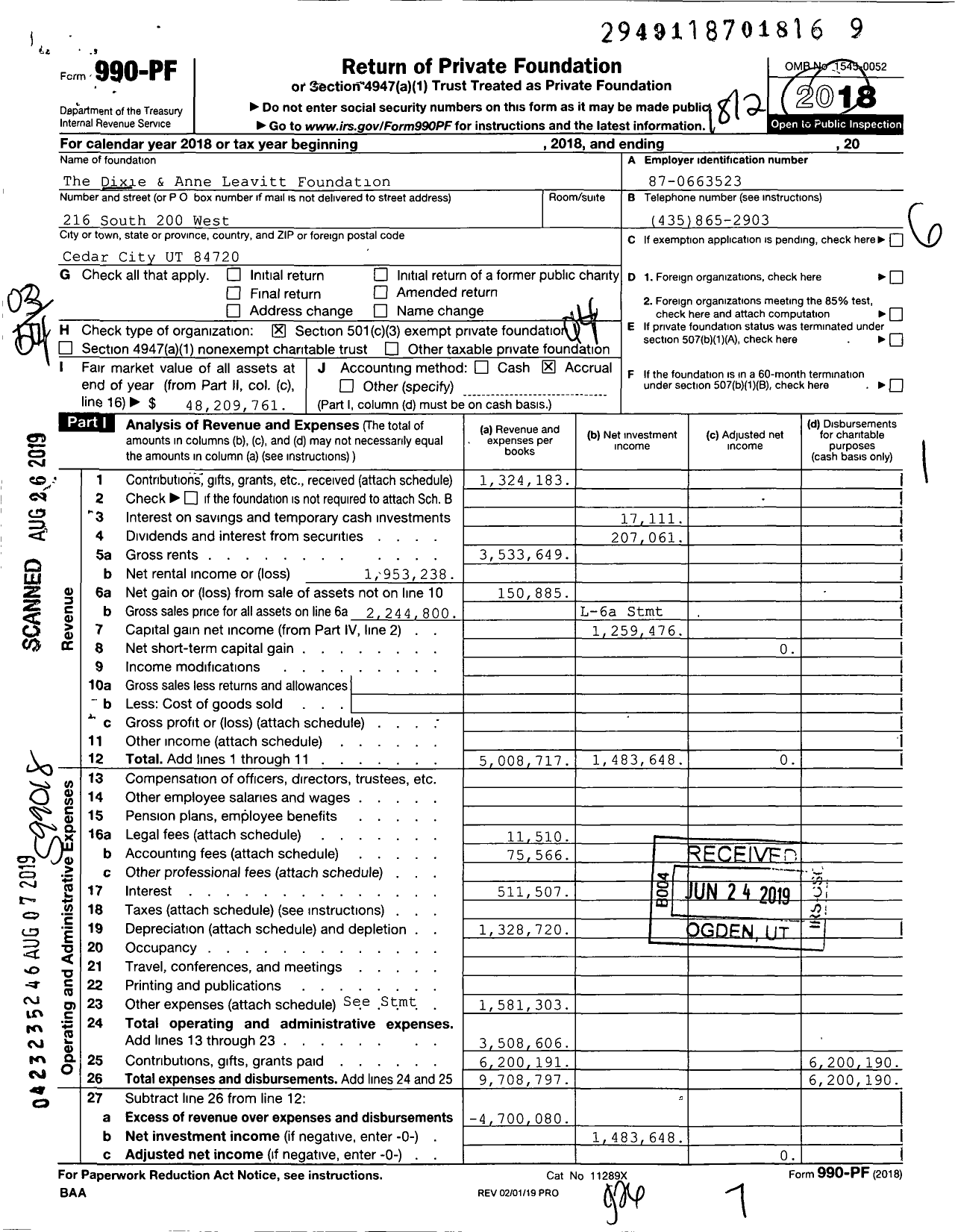 Image of first page of 2018 Form 990PF for The Dixie & Anne Leavitt Family Foundation