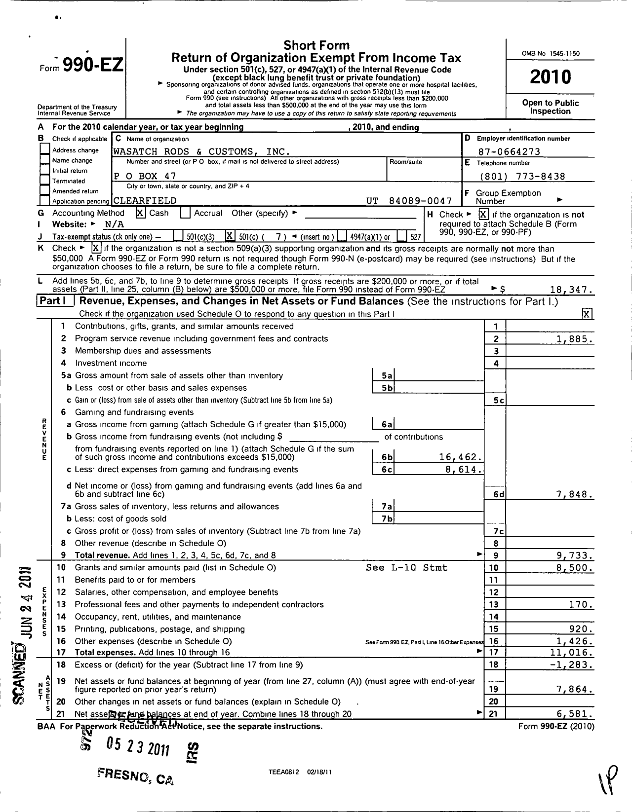 Image of first page of 2010 Form 990EO for Wasatch Rods and Customs