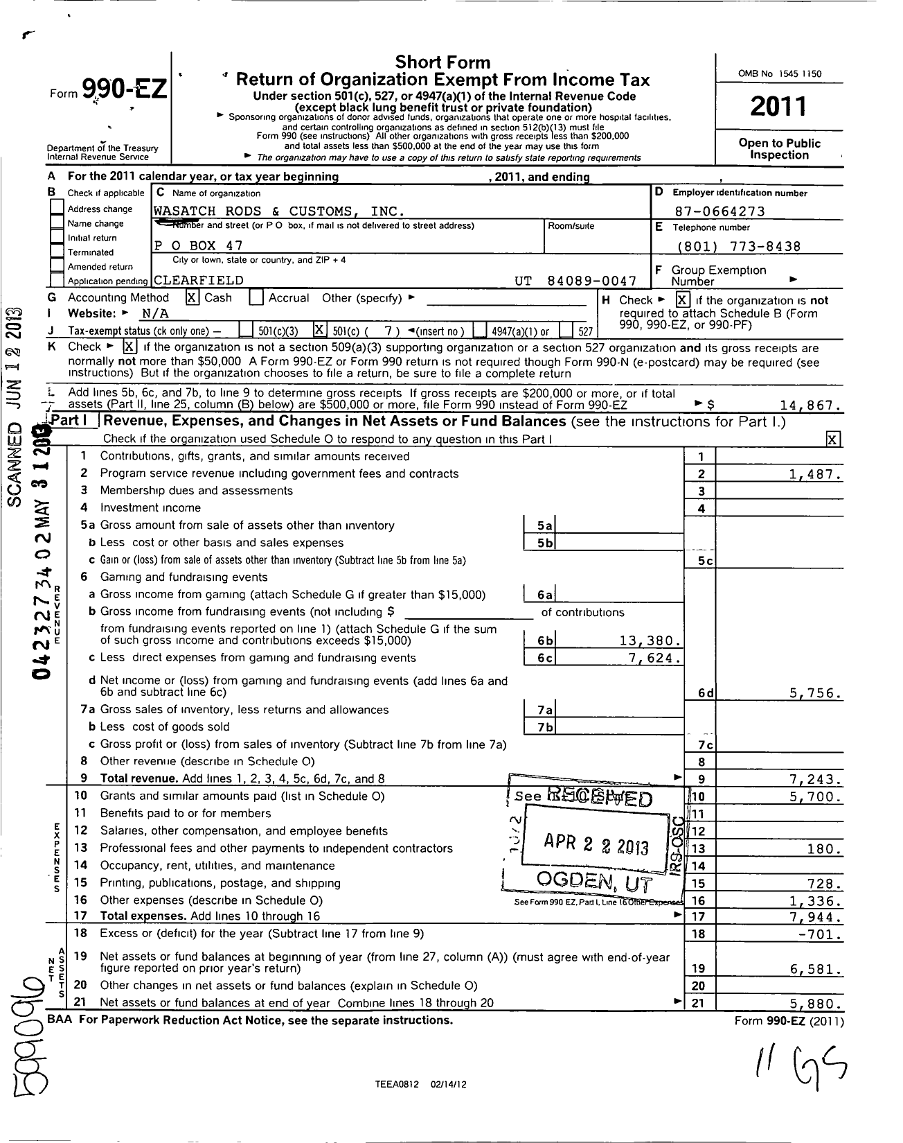Image of first page of 2011 Form 990EO for Wasatch Rods and Customs