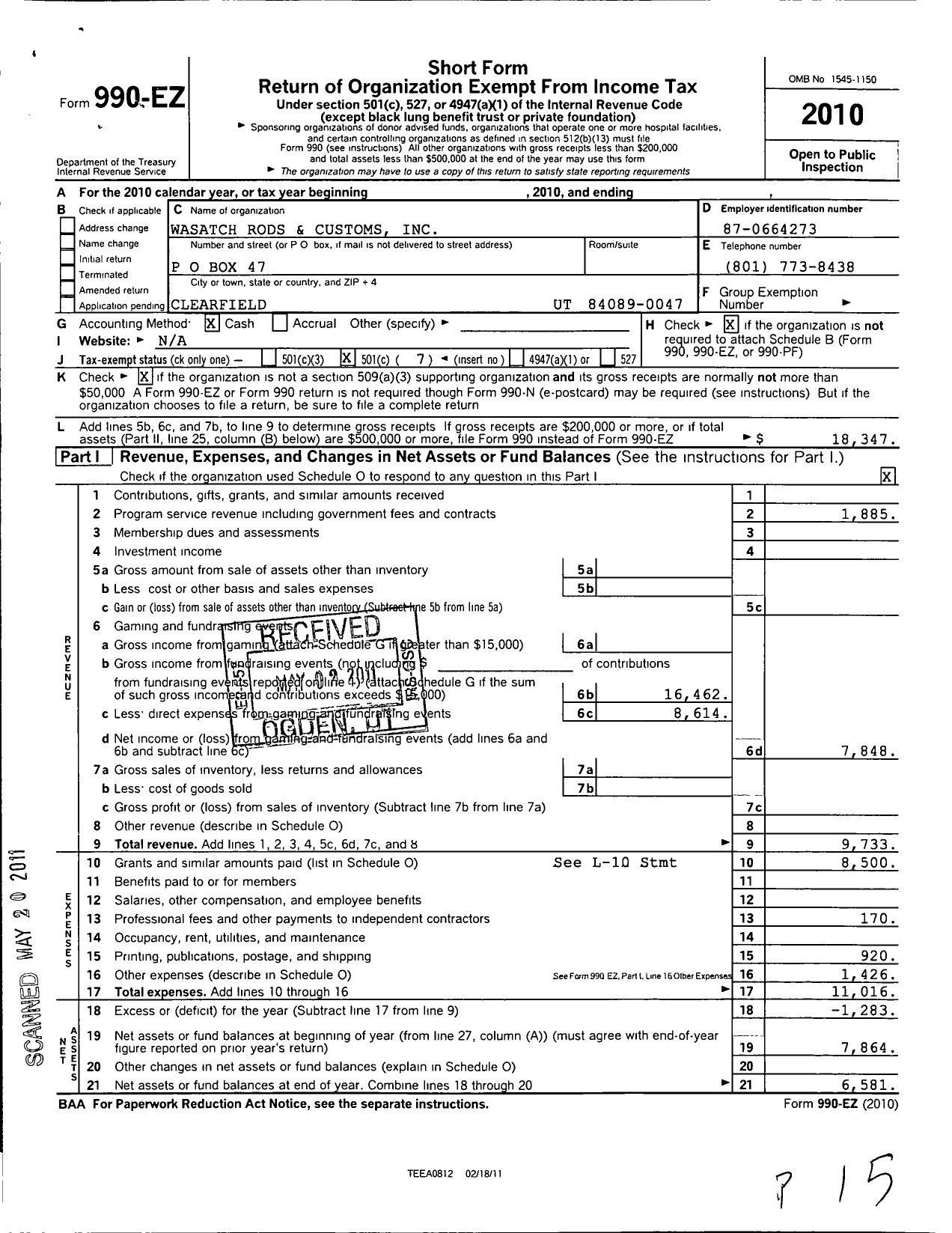 Image of first page of 2010 Form 990EO for Wasatch Rods and Customs