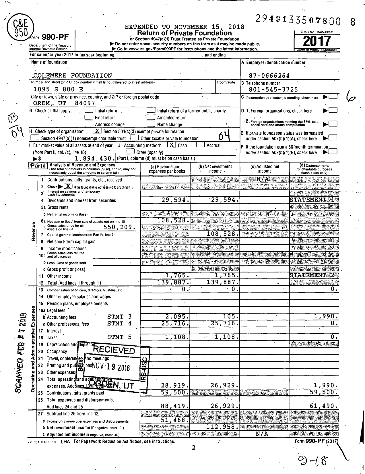 Image of first page of 2017 Form 990PF for Colemere Foundation