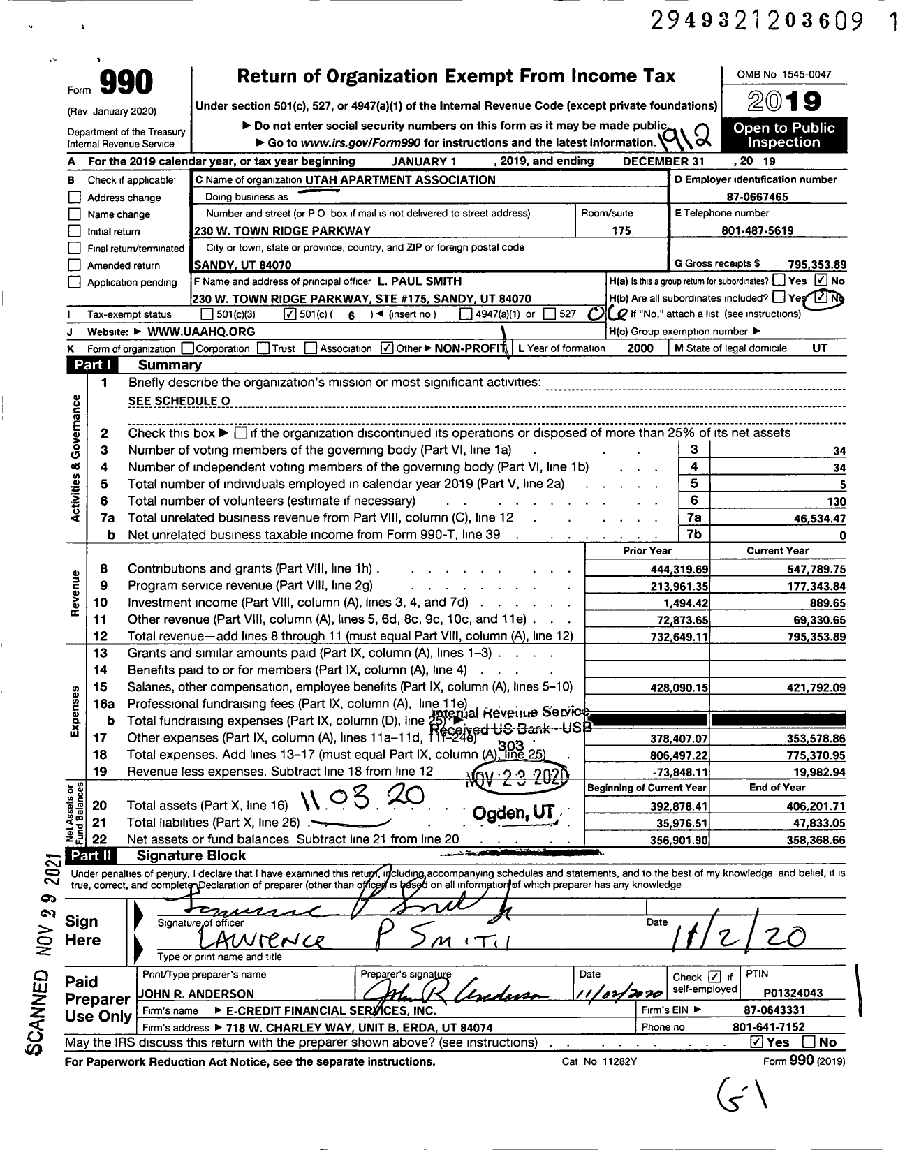 Image of first page of 2019 Form 990O for Utah Apartment Association