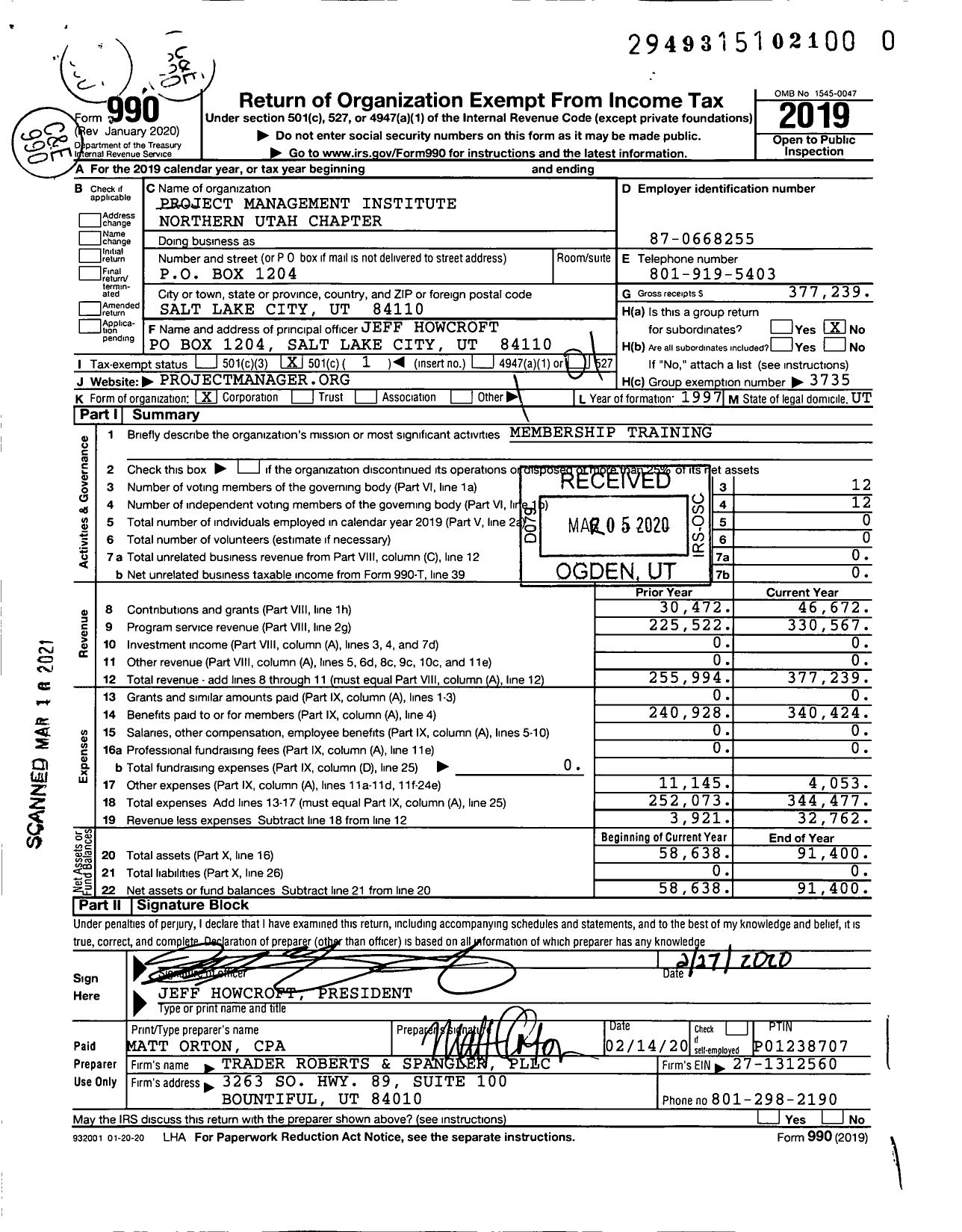 Image of first page of 2019 Form 990O for Project Management Institute Northern Utah Chapter