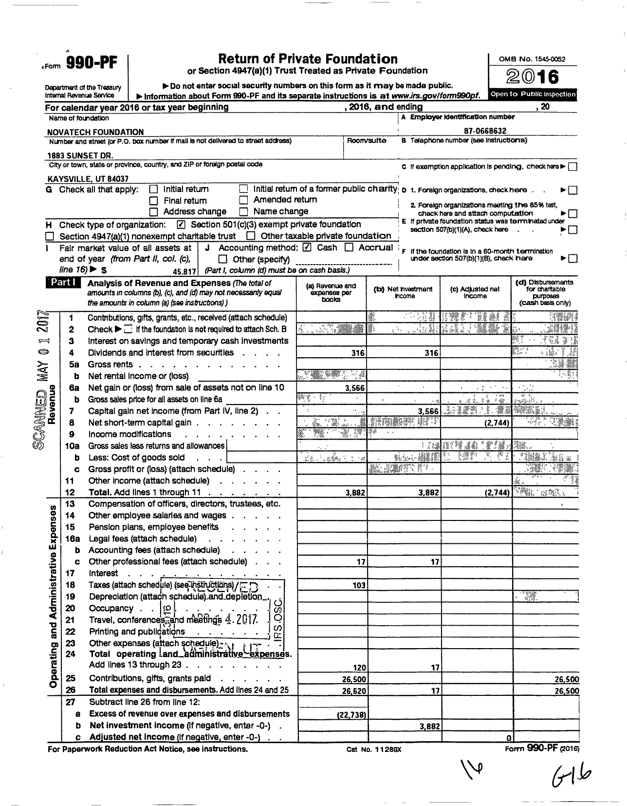 Image of first page of 2016 Form 990PF for Novatech Foundation