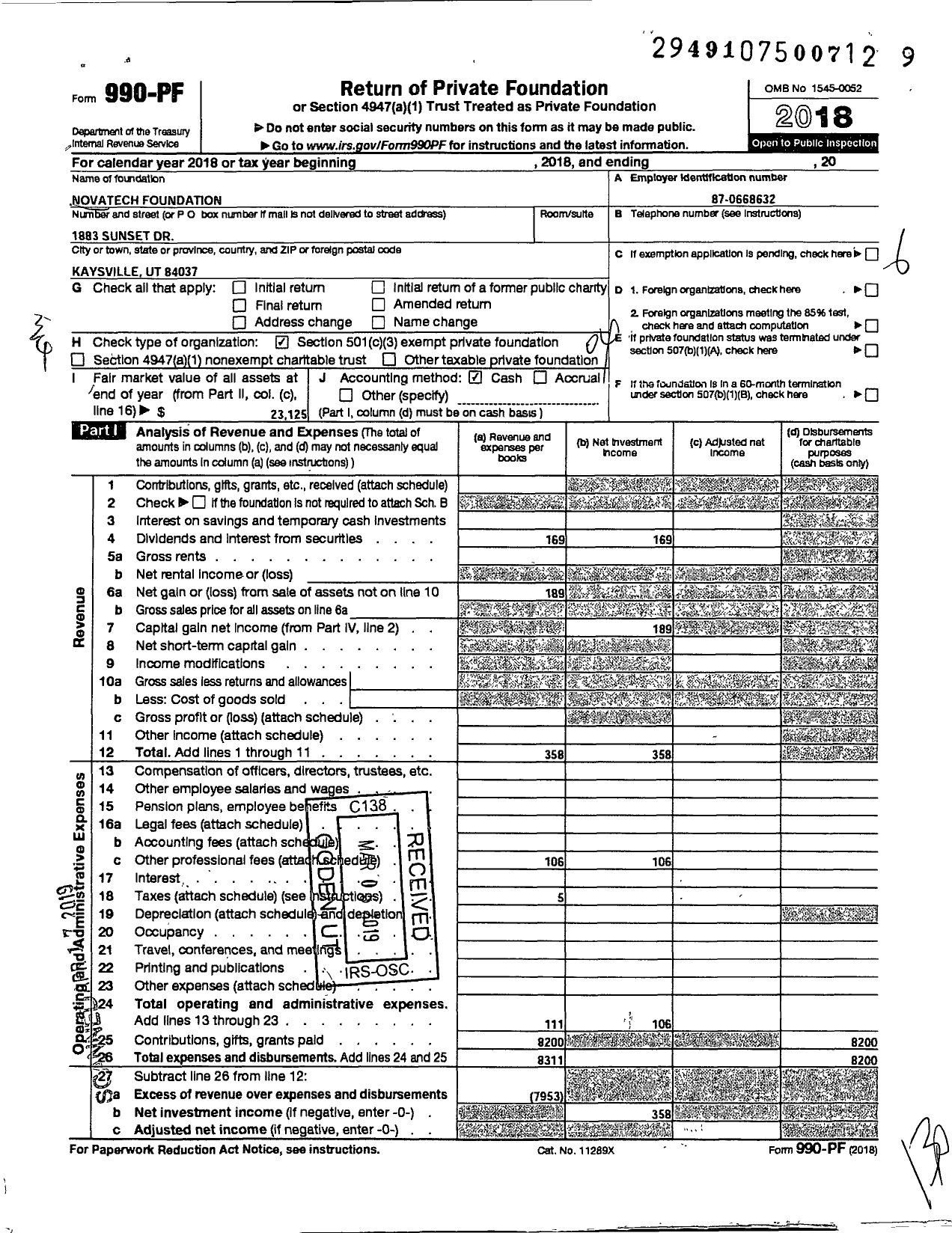 Image of first page of 2018 Form 990PF for Novatech Foundation