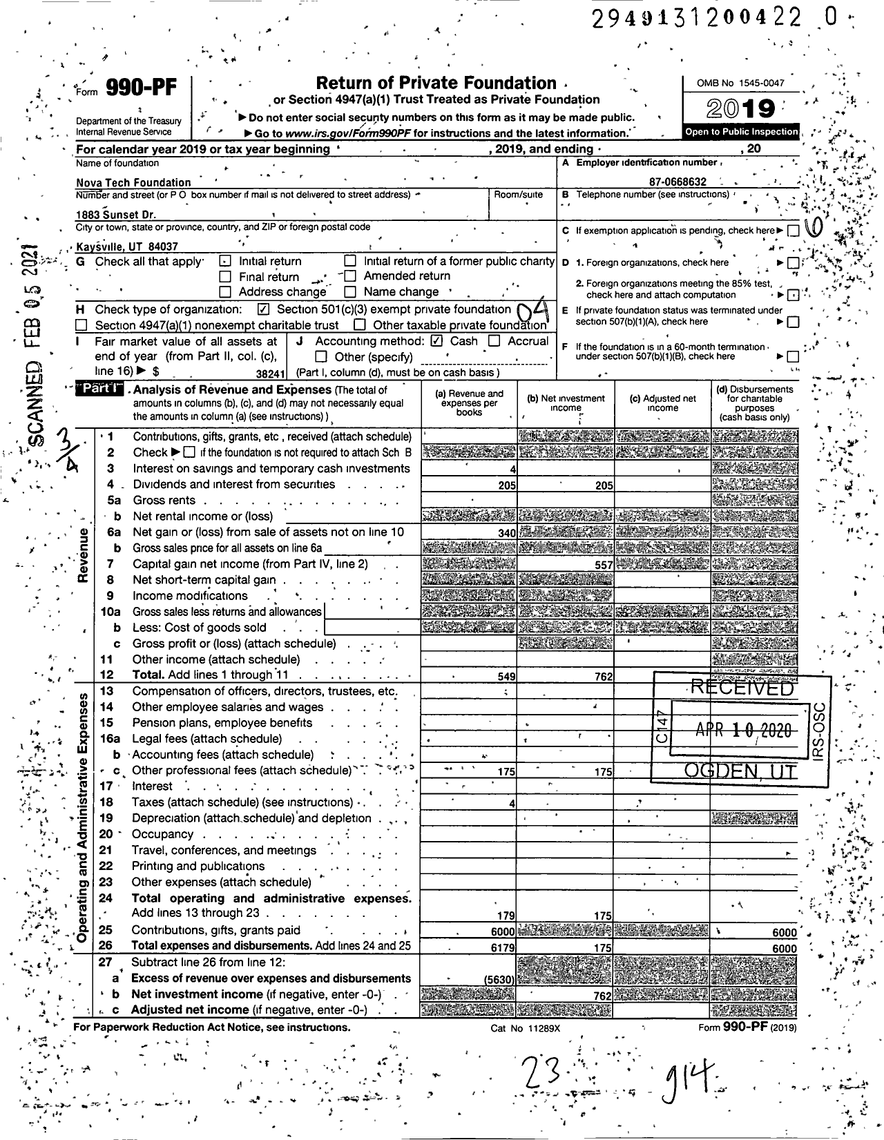 Image of first page of 2019 Form 990PF for Novatech Foundation