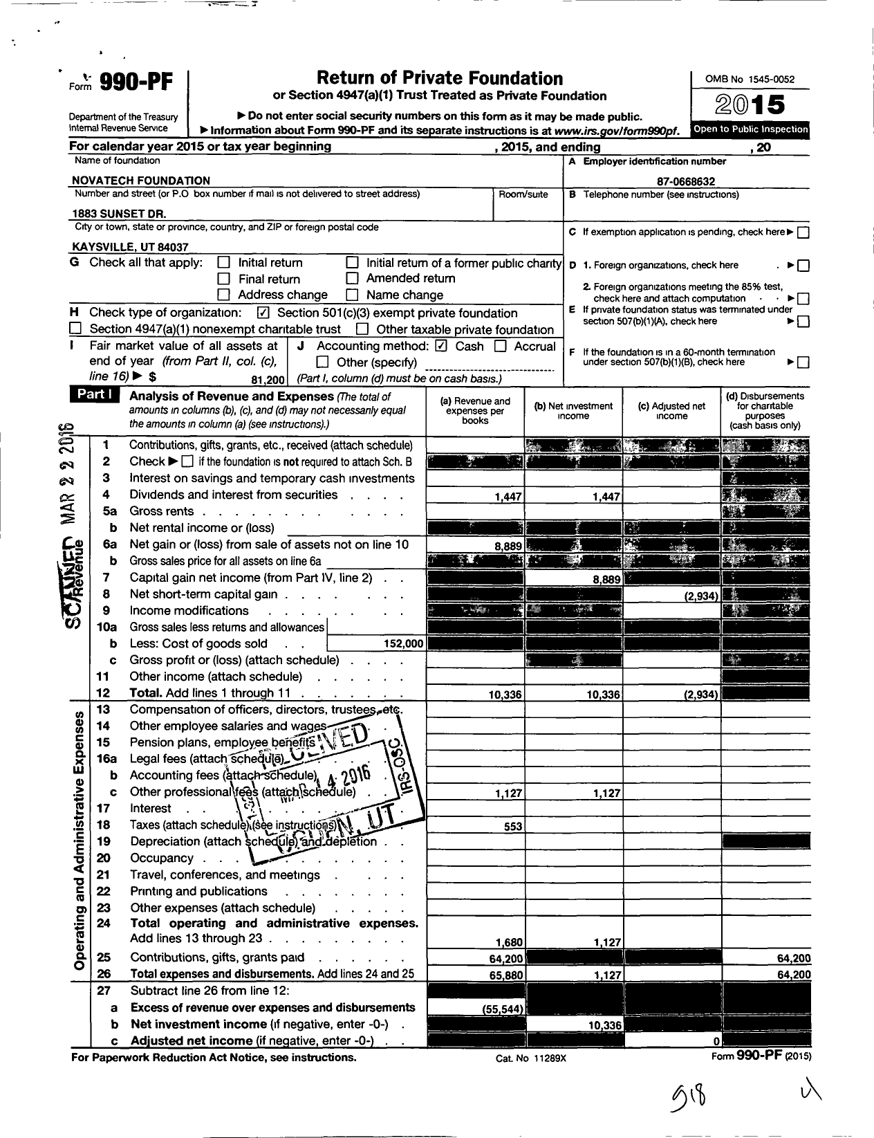 Image of first page of 2015 Form 990PF for Novatech Foundation