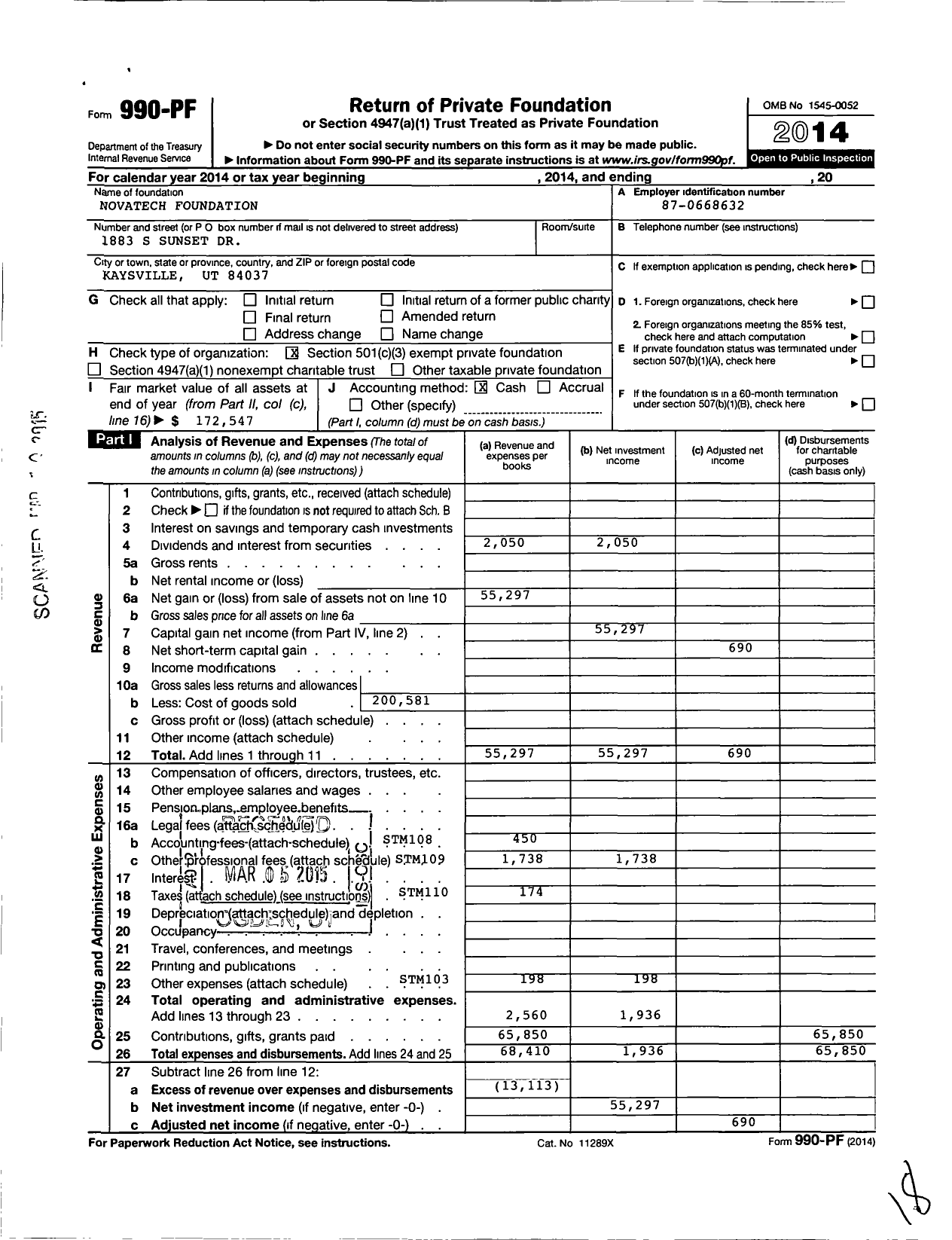Image of first page of 2014 Form 990PF for Novatech Foundation