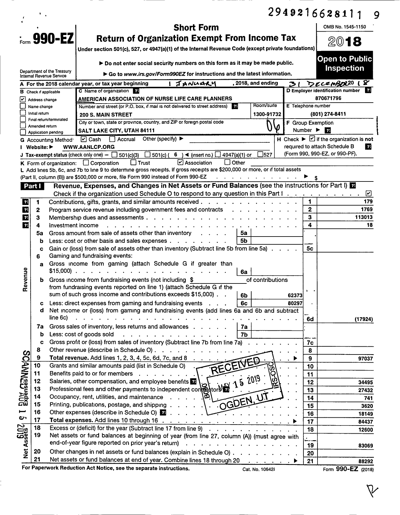 Image of first page of 2018 Form 990EO for American Association of Nurse Life Care Planners