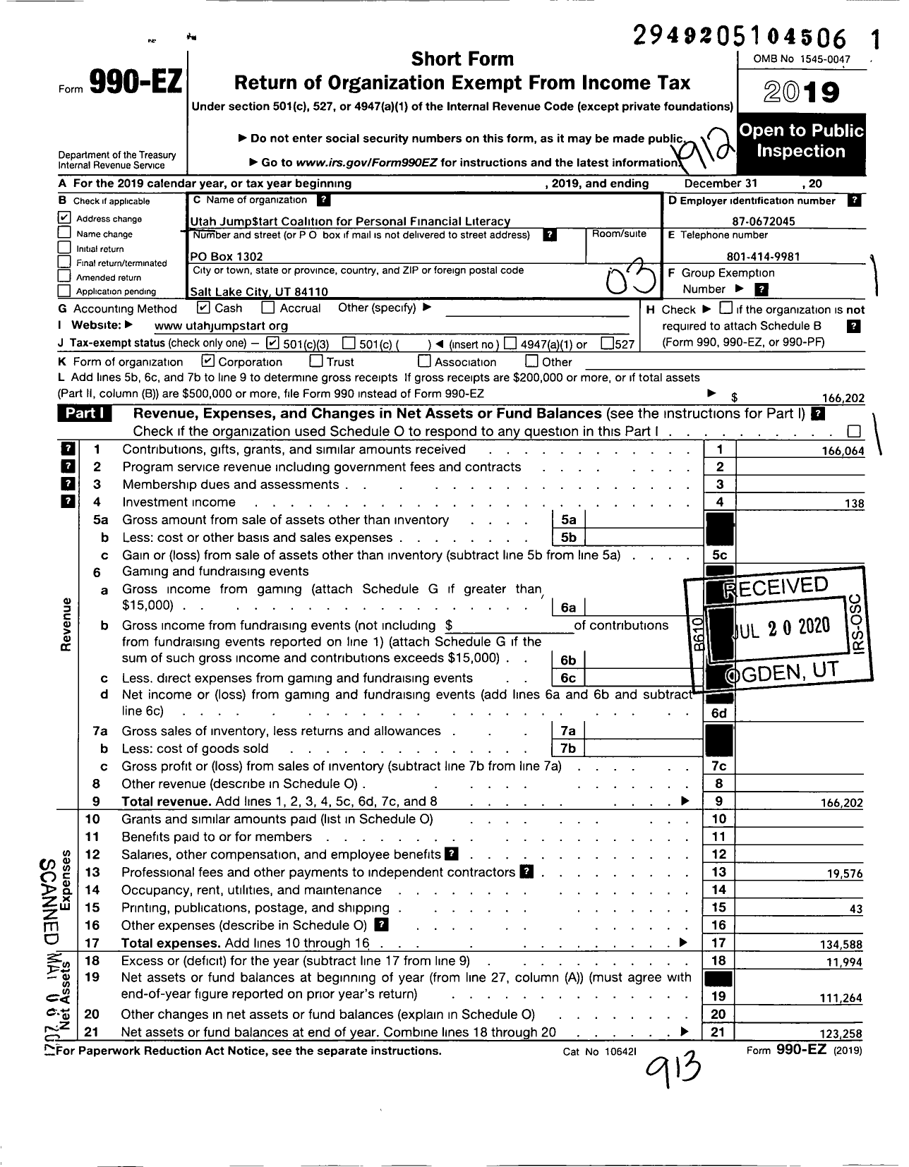 Image of first page of 2019 Form 990EZ for Utah Jumpstart Coalition