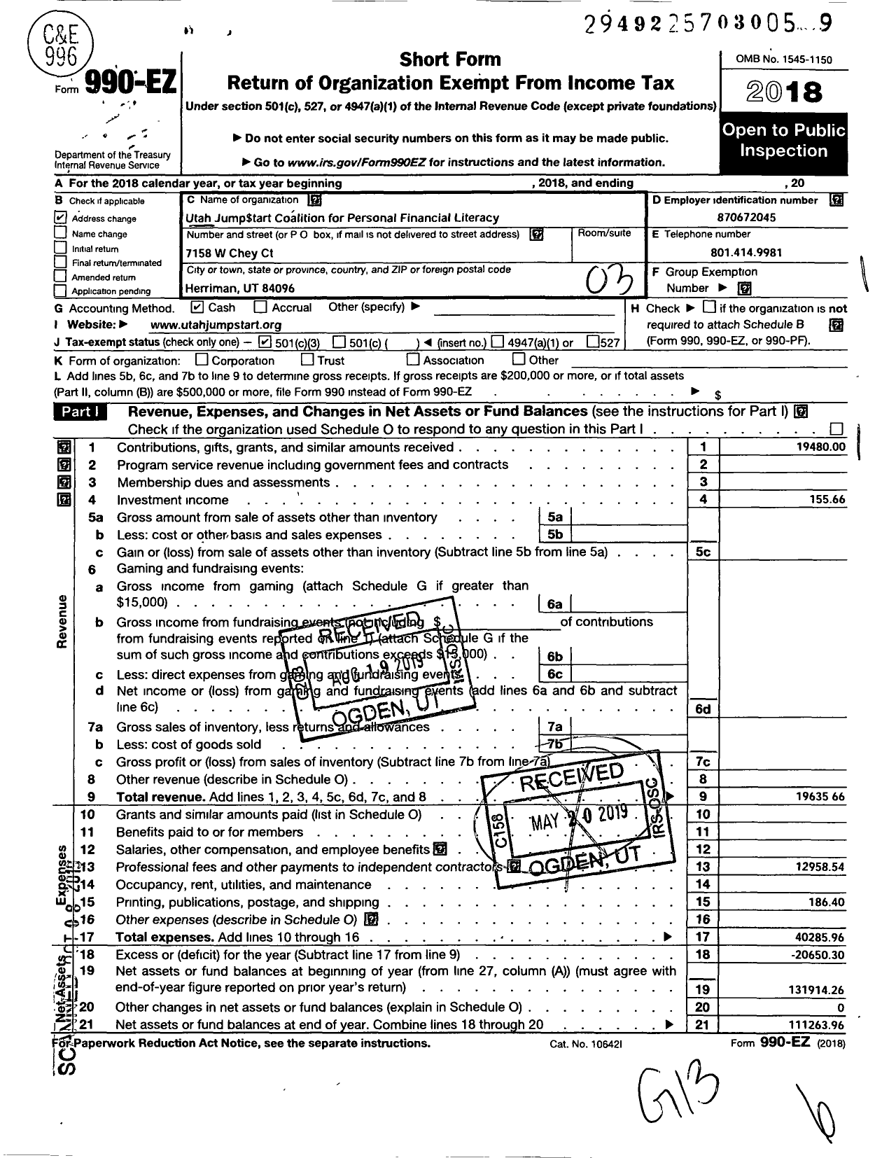 Image of first page of 2018 Form 990EZ for Utah Jumpstart Coalition