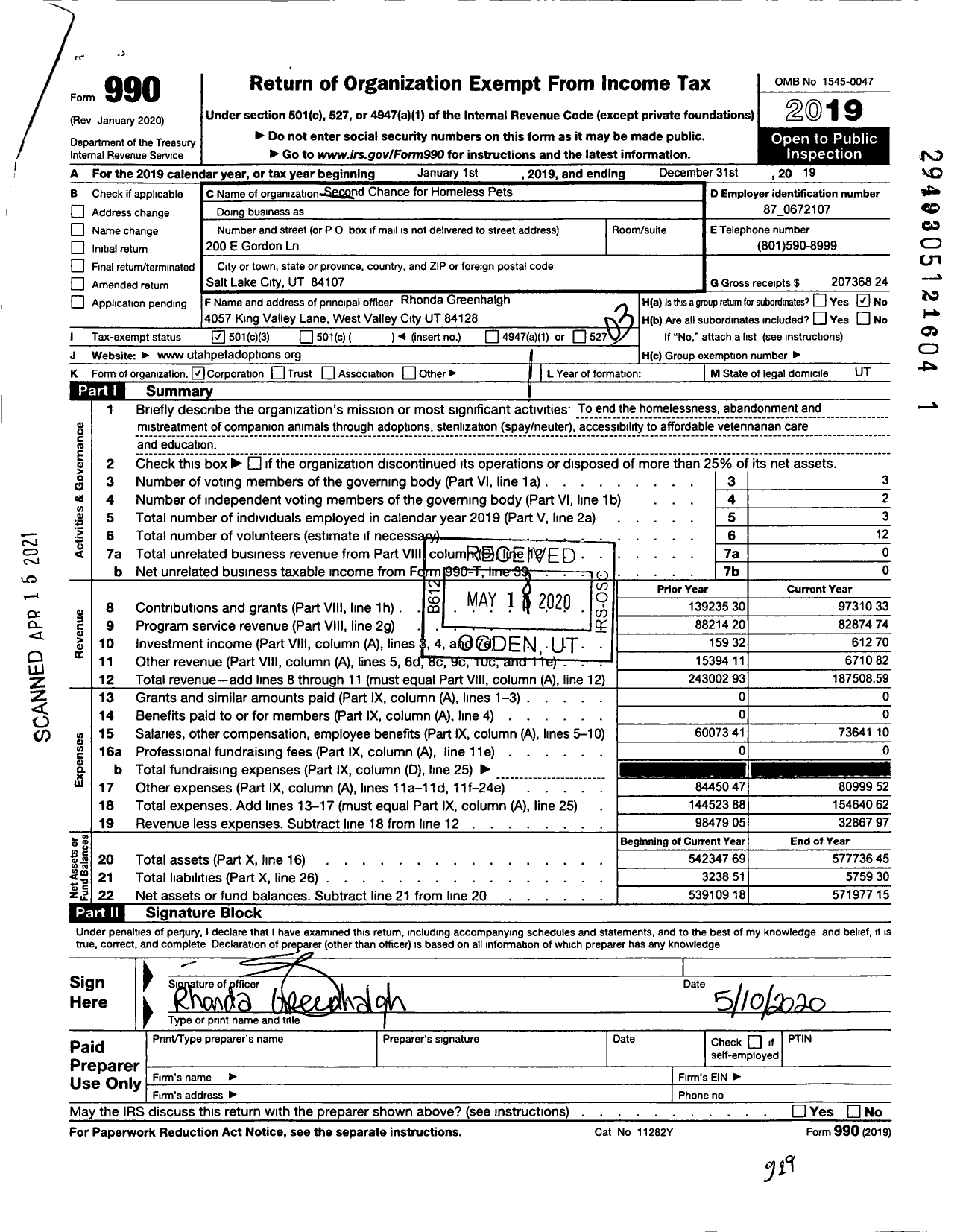Image of first page of 2019 Form 990 for Second Chance for Homeless Pets