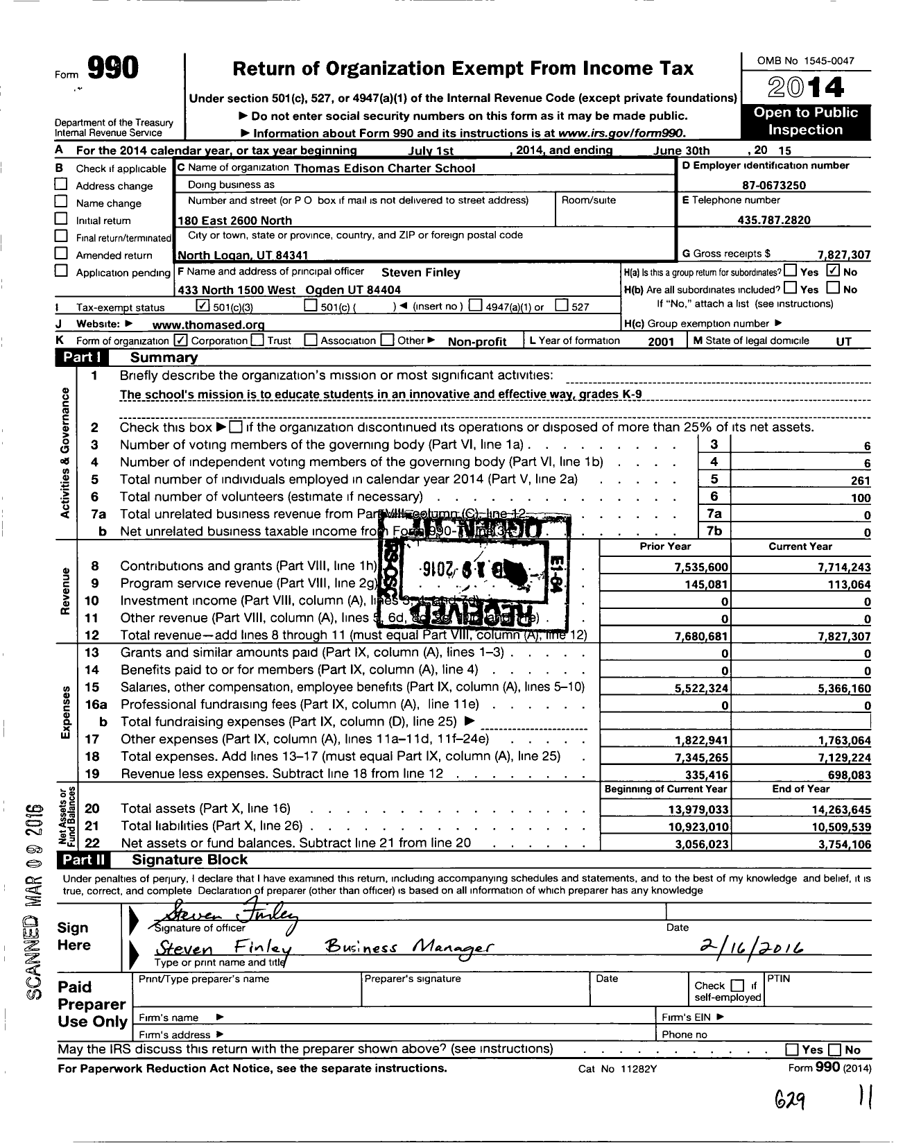 Image of first page of 2014 Form 990 for Thomas Edison Charter School (TECS)