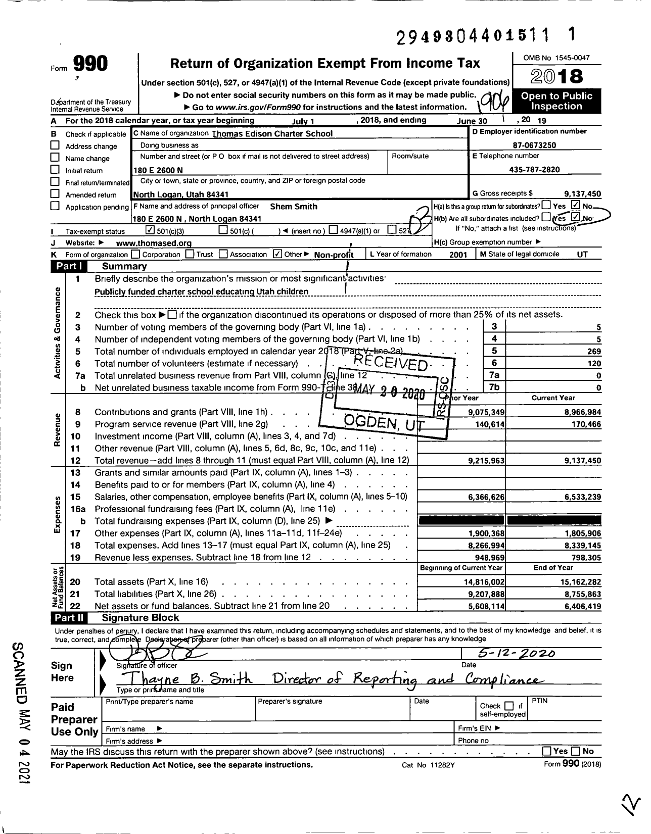 Image of first page of 2018 Form 990 for Thomas Edison Charter School (TECS)