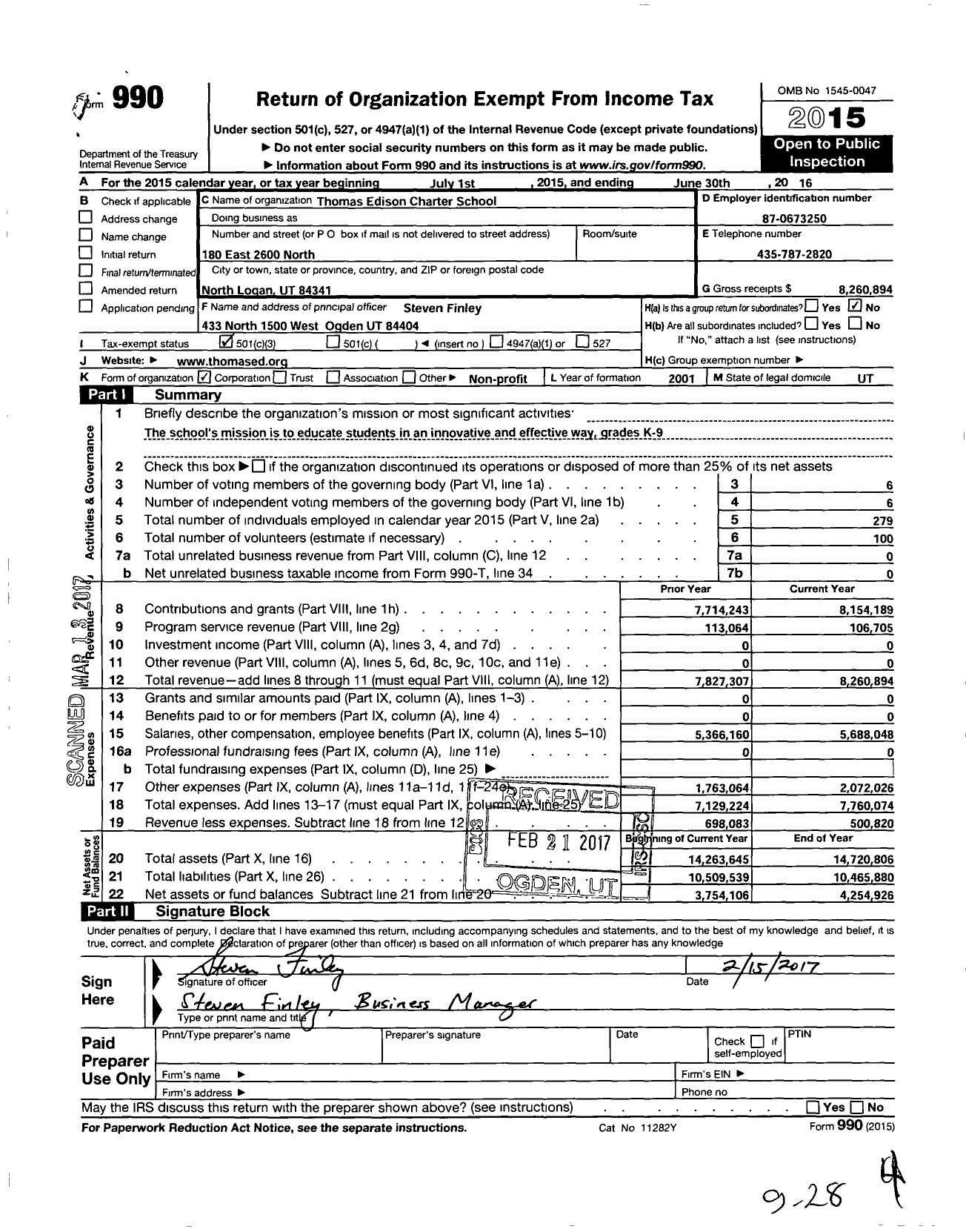 Image of first page of 2015 Form 990 for Thomas Edison Charter School (TECS)