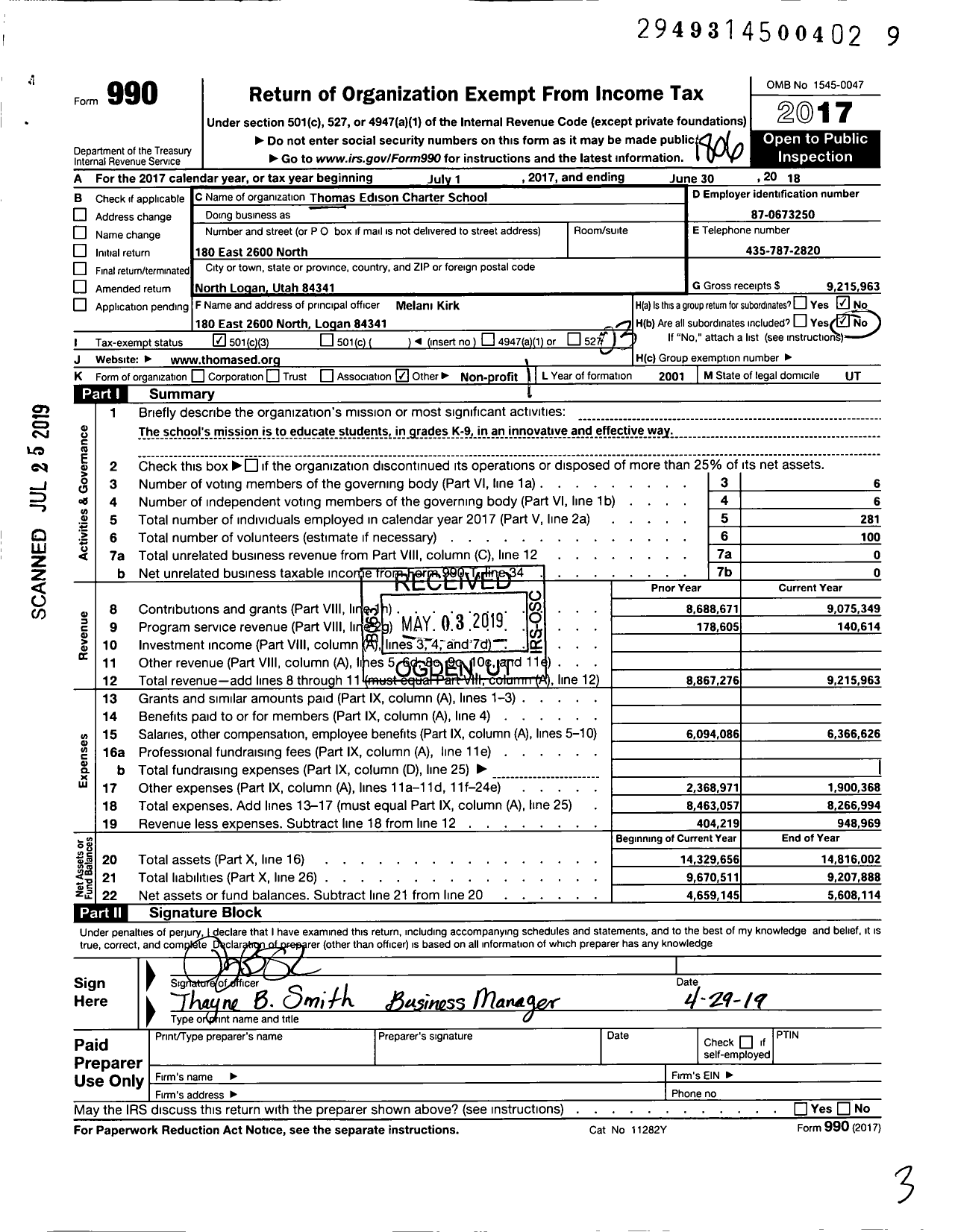 Image of first page of 2017 Form 990 for Thomas Edison Charter School (TECS)