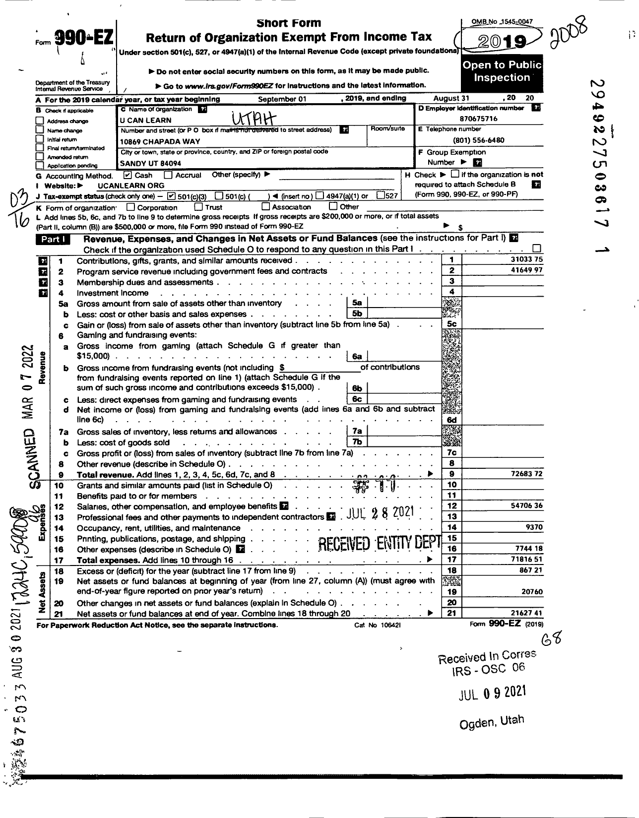 Image of first page of 2019 Form 990EZ for Utah Center for Advanced Neuroscience Learning Enhancement