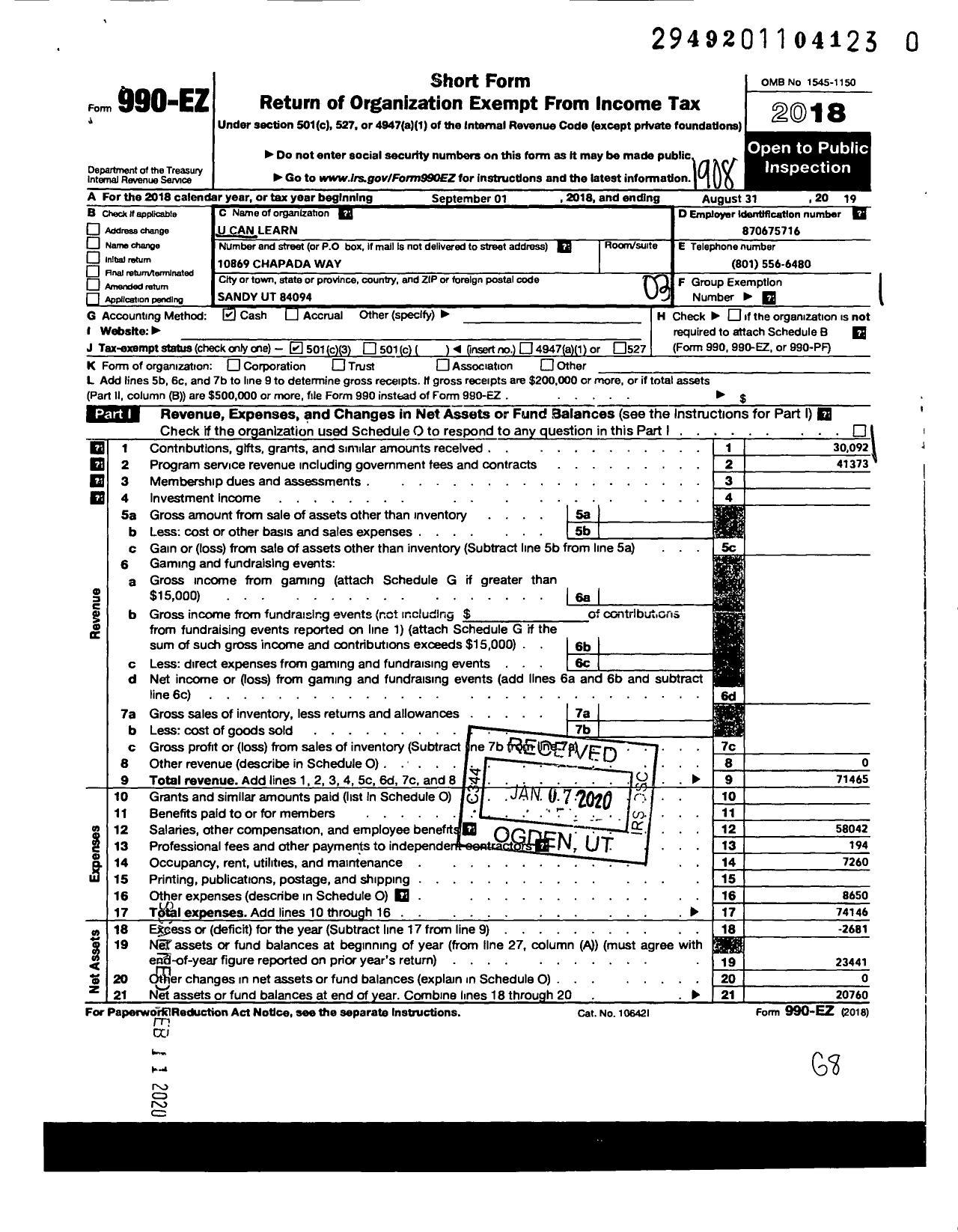 Image of first page of 2018 Form 990EZ for Utah Center for Advanced Neuroscience Learning Enhancement