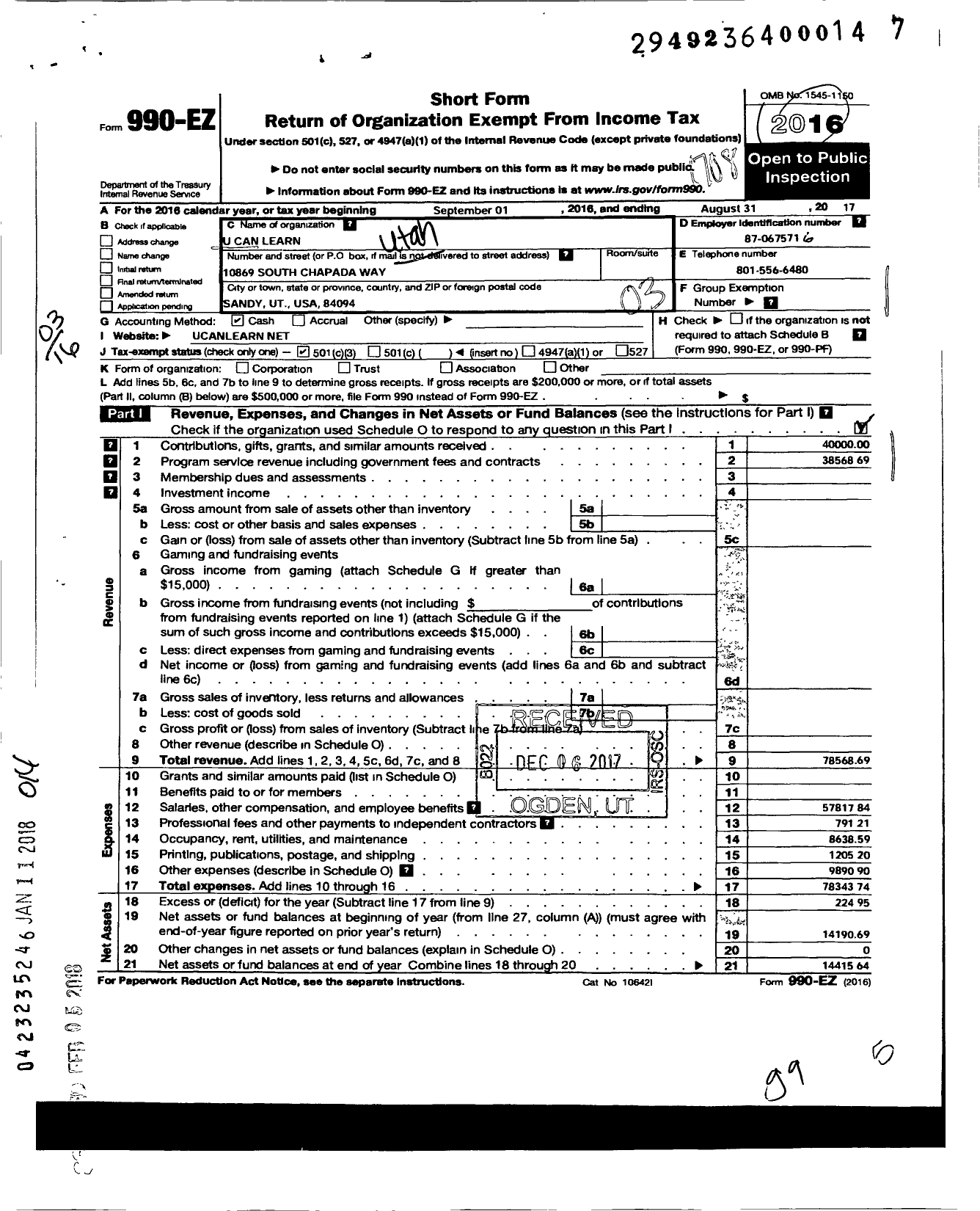 Image of first page of 2016 Form 990EZ for Utah Center for Advanced Neuroscience Learning Enhancement