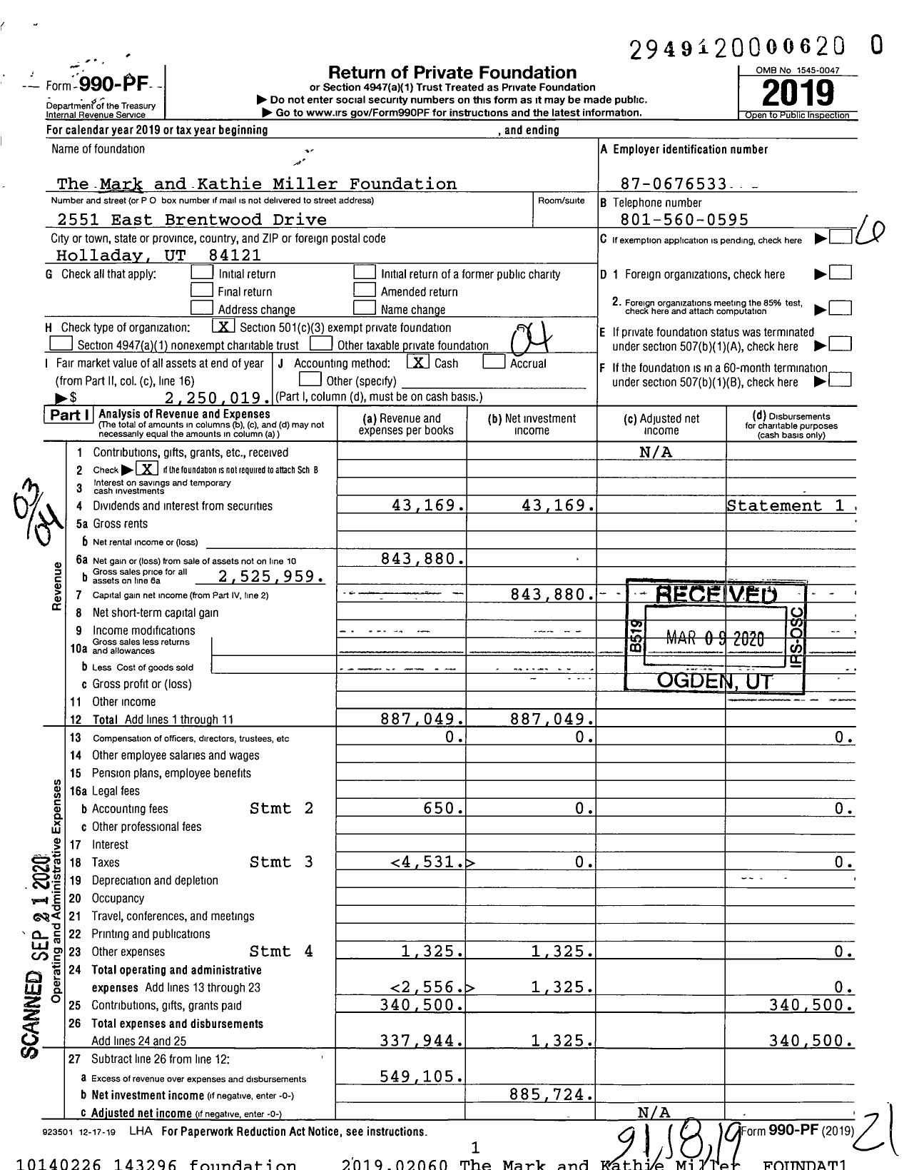 Image of first page of 2019 Form 990PR for The Mark and Kathie Miller Foundation