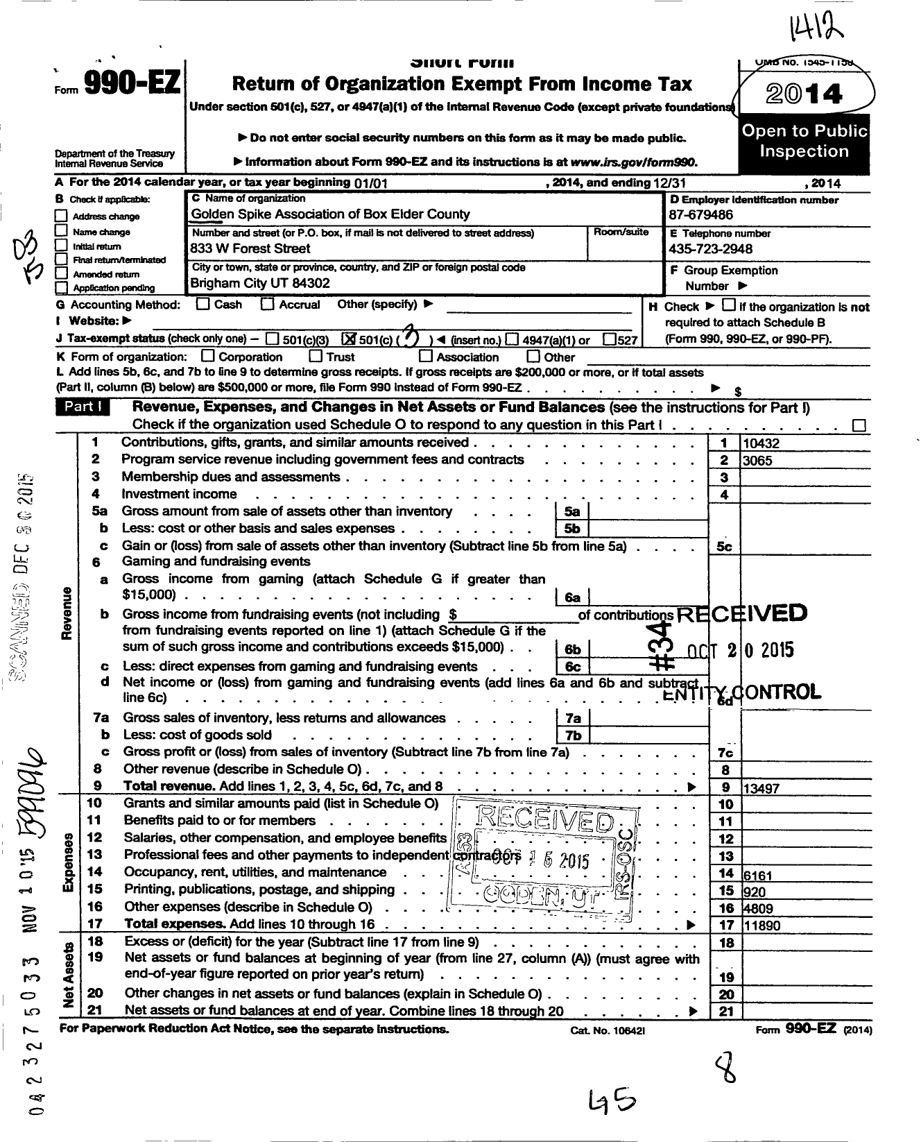 Image of first page of 2014 Form 990EZ for Golden Spike Association of Box Elder